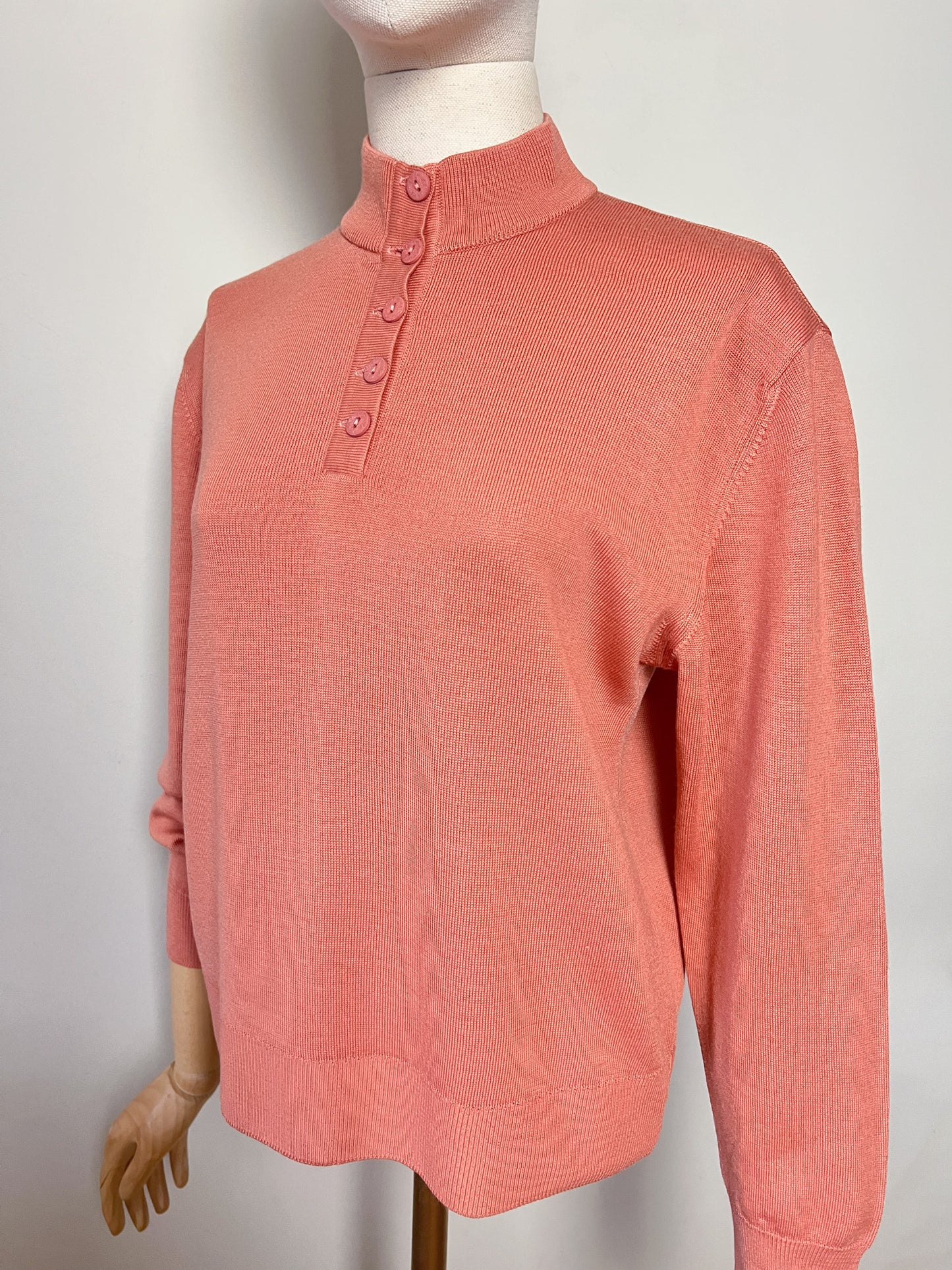 Pull Vintage Années 90 – Beige Rosé – Col Chemisé Boutonné – Laine & Acrylique – Montagut -Taille 38/40
