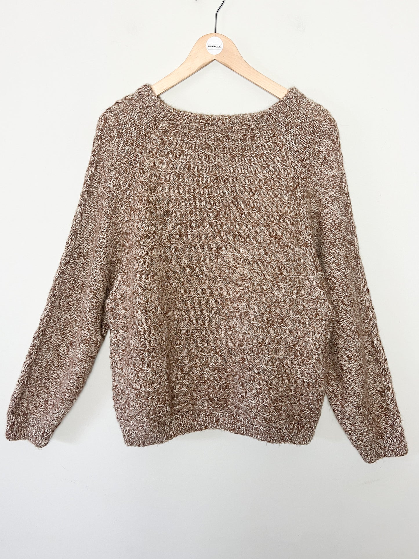 Pull Vintage Fait Main Torsadé - Laine & Mohair - Marron Crème - Coupe Courte T. 40