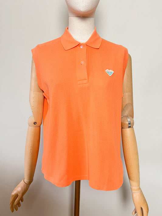 Débardeur Polo Vintage Années 90 - Orange Pastel – Écusson Fleuri – 100% Coton – Taille 38/40