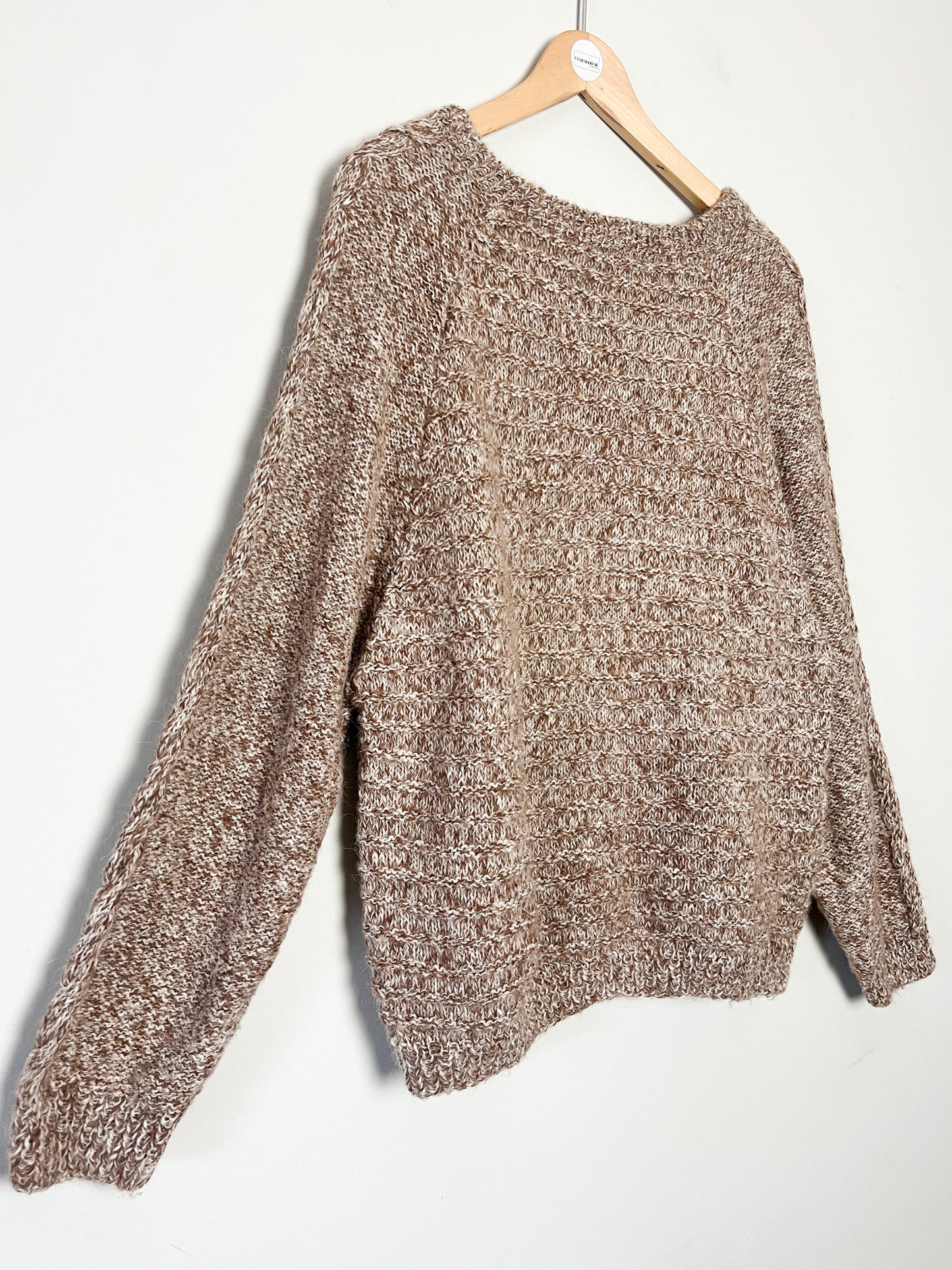 Pull Vintage Fait Main Torsadé - Laine & Mohair - Marron Crème - Coupe Courte T. 40