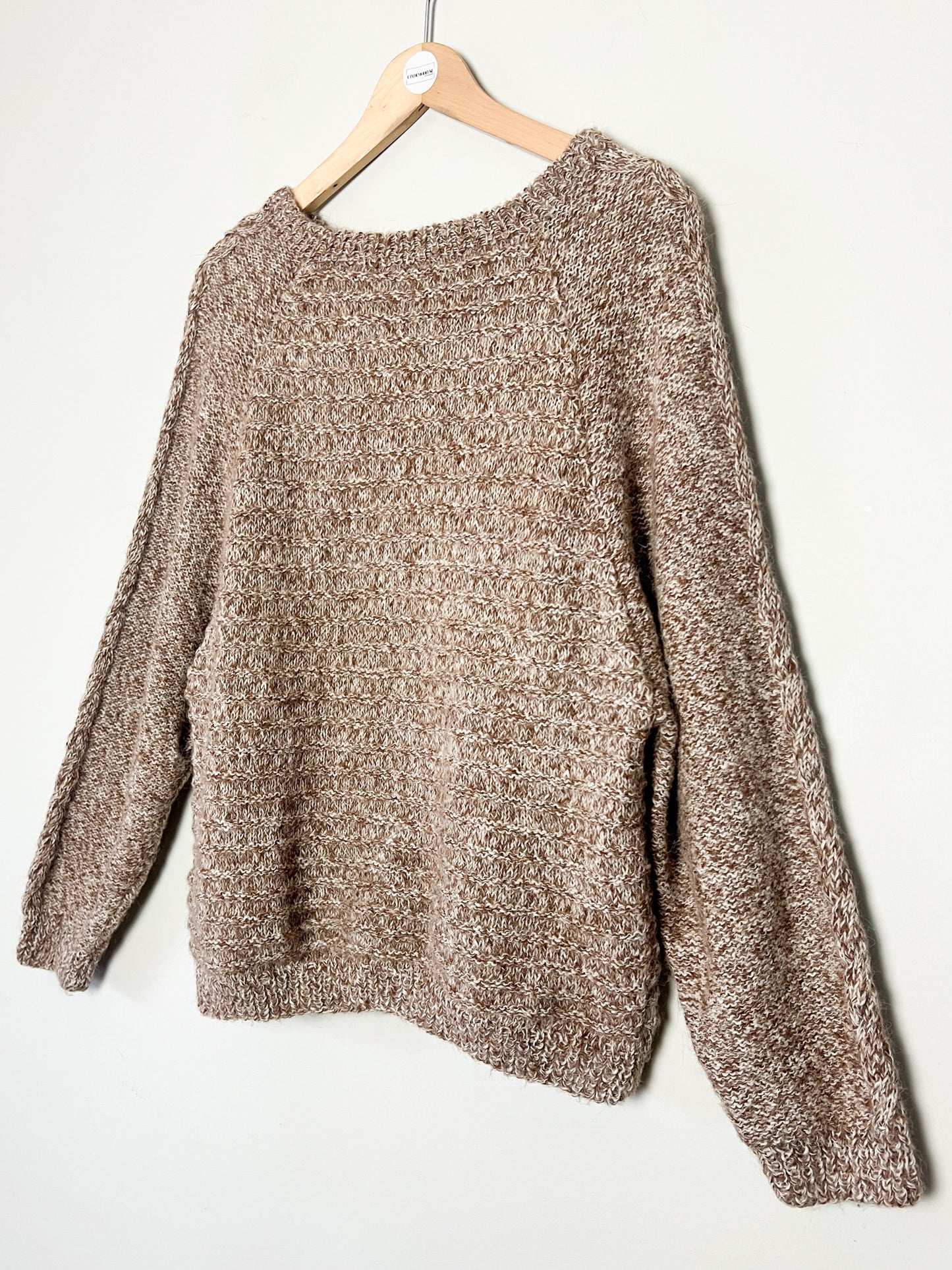Pull Vintage Fait Main Torsadé - Laine & Mohair - Marron Crème - Coupe Courte T. 40