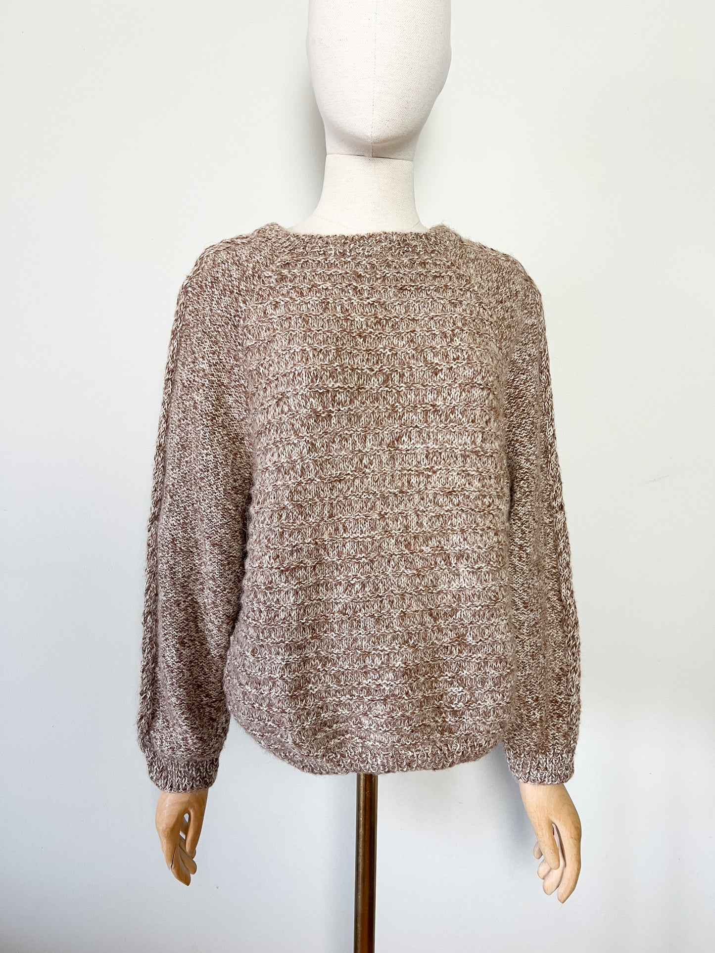 Pull Vintage Fait Main Torsadé - Laine & Mohair - Marron Crème - Coupe Courte T. 40
