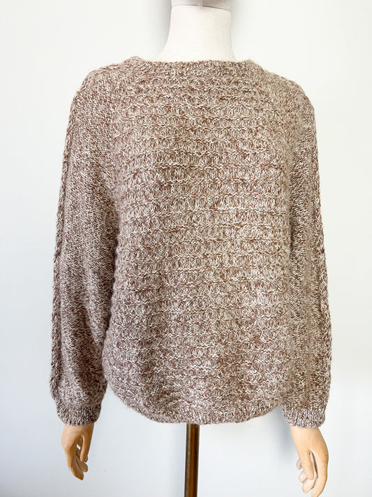 Pull Vintage Fait Main Torsadé - Laine & Mohair - Marron Crème - Coupe Courte T. 40