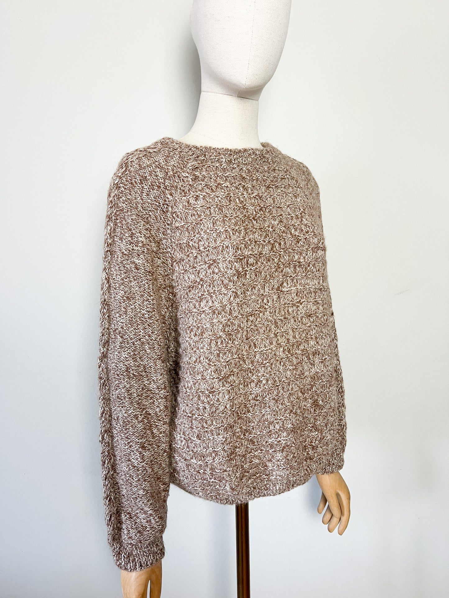 Pull Vintage Fait Main Torsadé - Laine & Mohair - Marron Crème - Coupe Courte T. 40