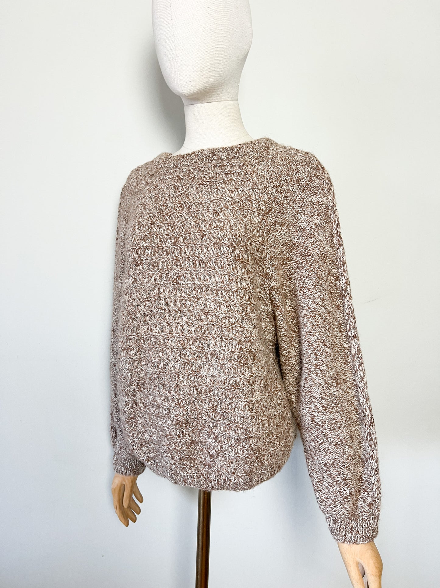 Pull Vintage Fait Main Torsadé - Laine & Mohair - Marron Crème - Coupe Courte T. 40