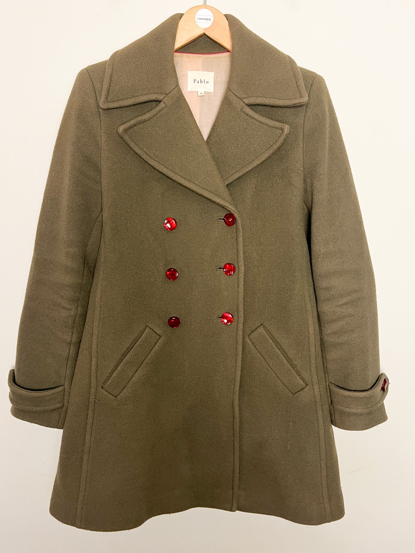 Manteau Kaki 80% Laine Pablo - Col Large Rétro - Coupe Cintrée T. 38