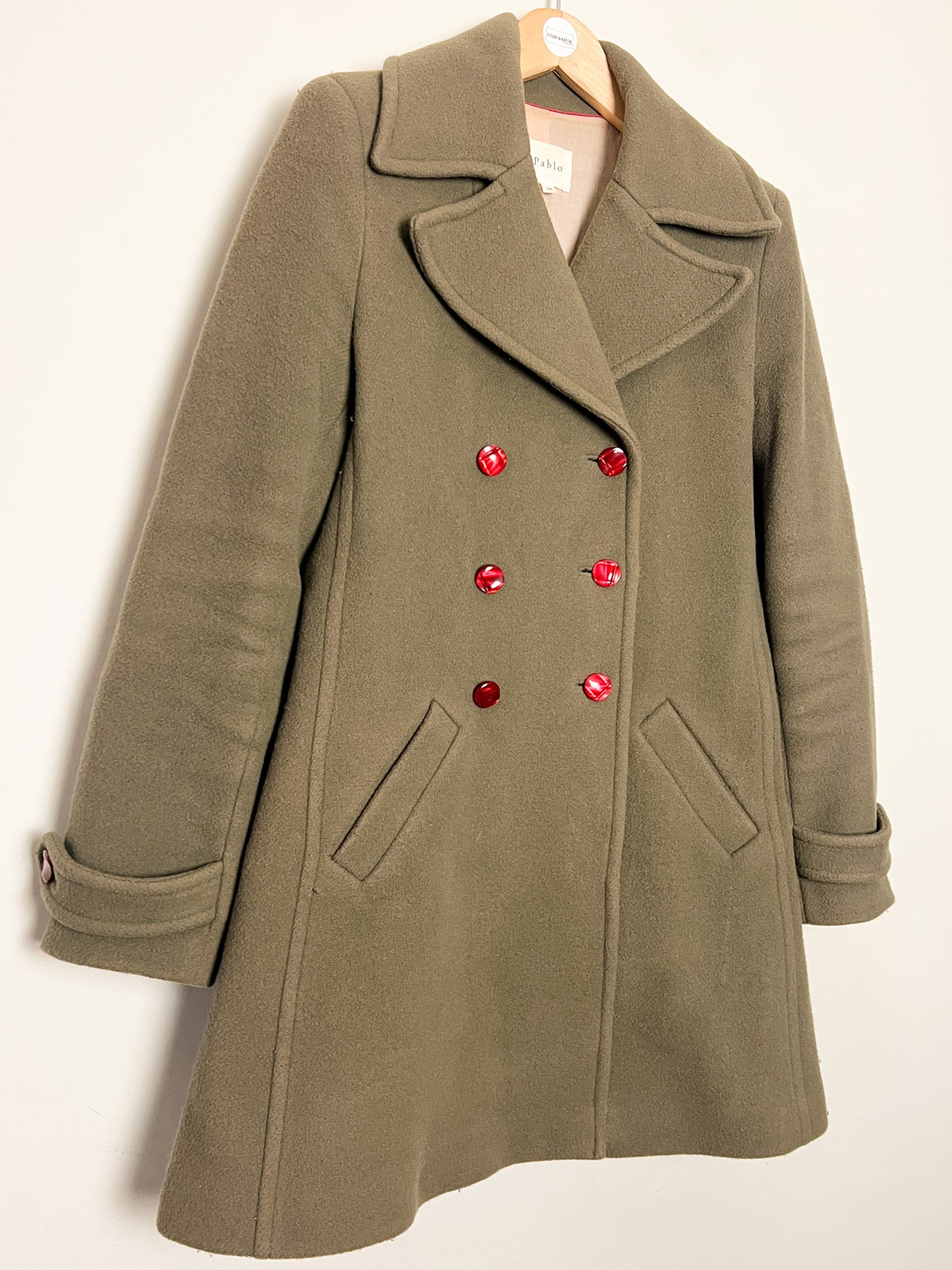 Manteau Kaki 80% Laine Pablo - Col Large Rétro - Coupe Cintrée T. 38