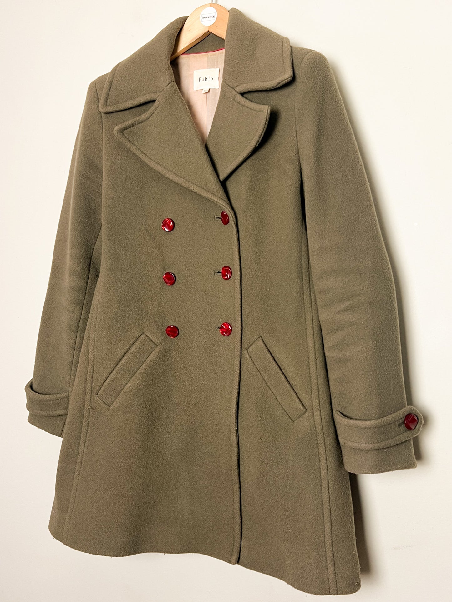 Manteau Kaki 80% Laine Pablo - Col Large Rétro - Coupe Cintrée T. 38