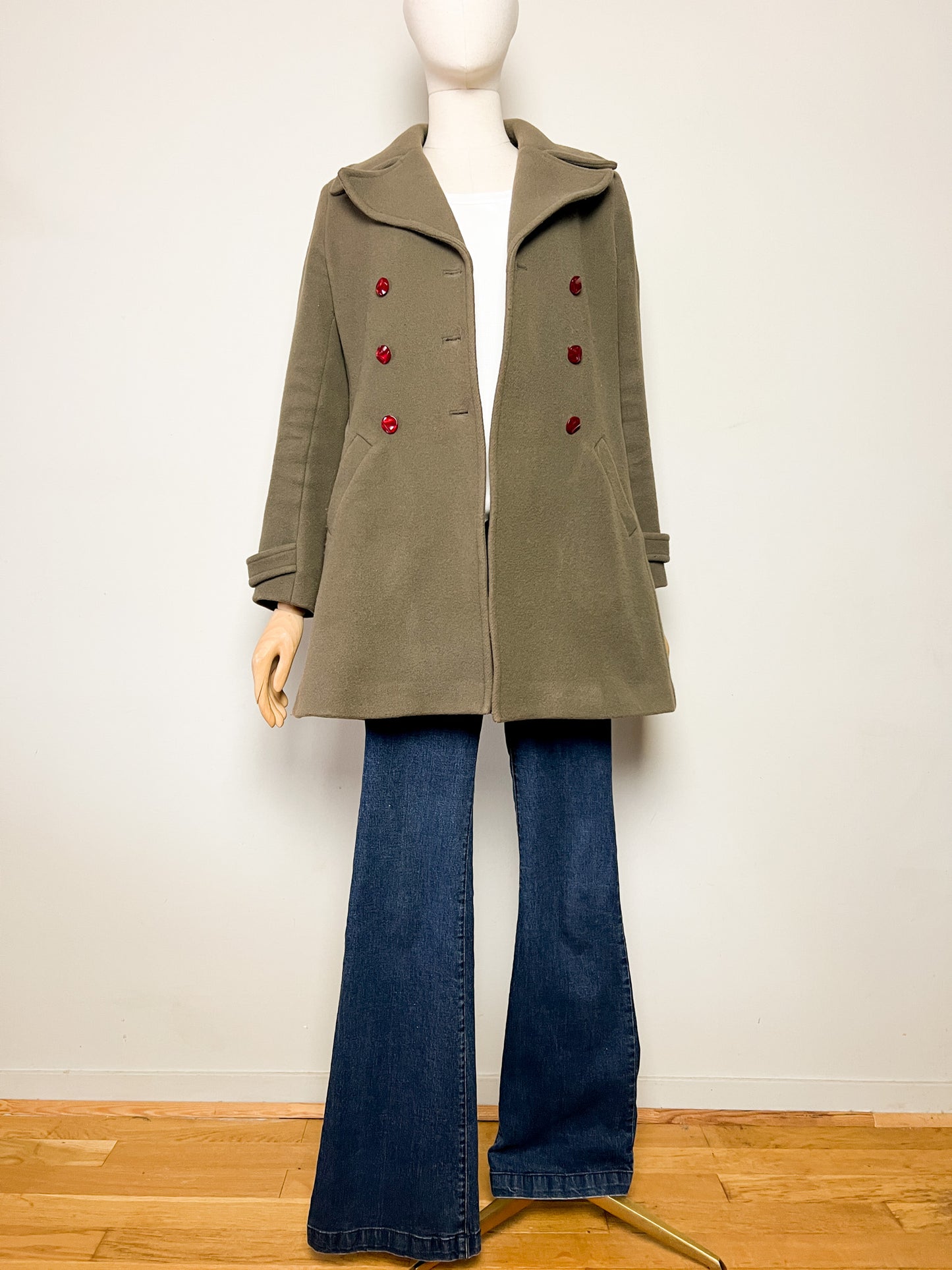 Manteau Kaki 80% Laine Pablo - Col Large Rétro - Coupe Cintrée T. 38