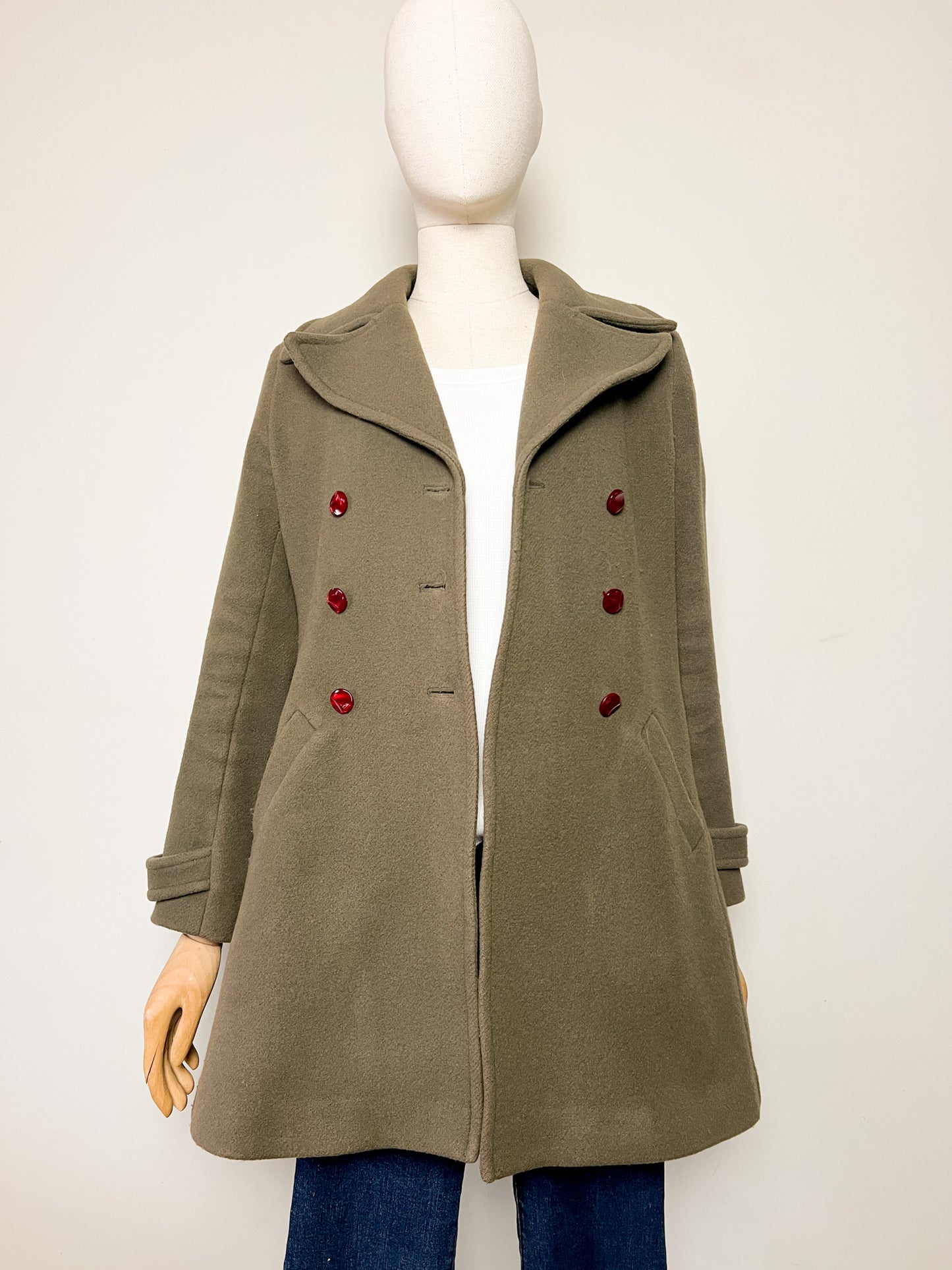 Manteau Kaki 80% Laine Pablo - Col Large Rétro - Coupe Cintrée T. 38