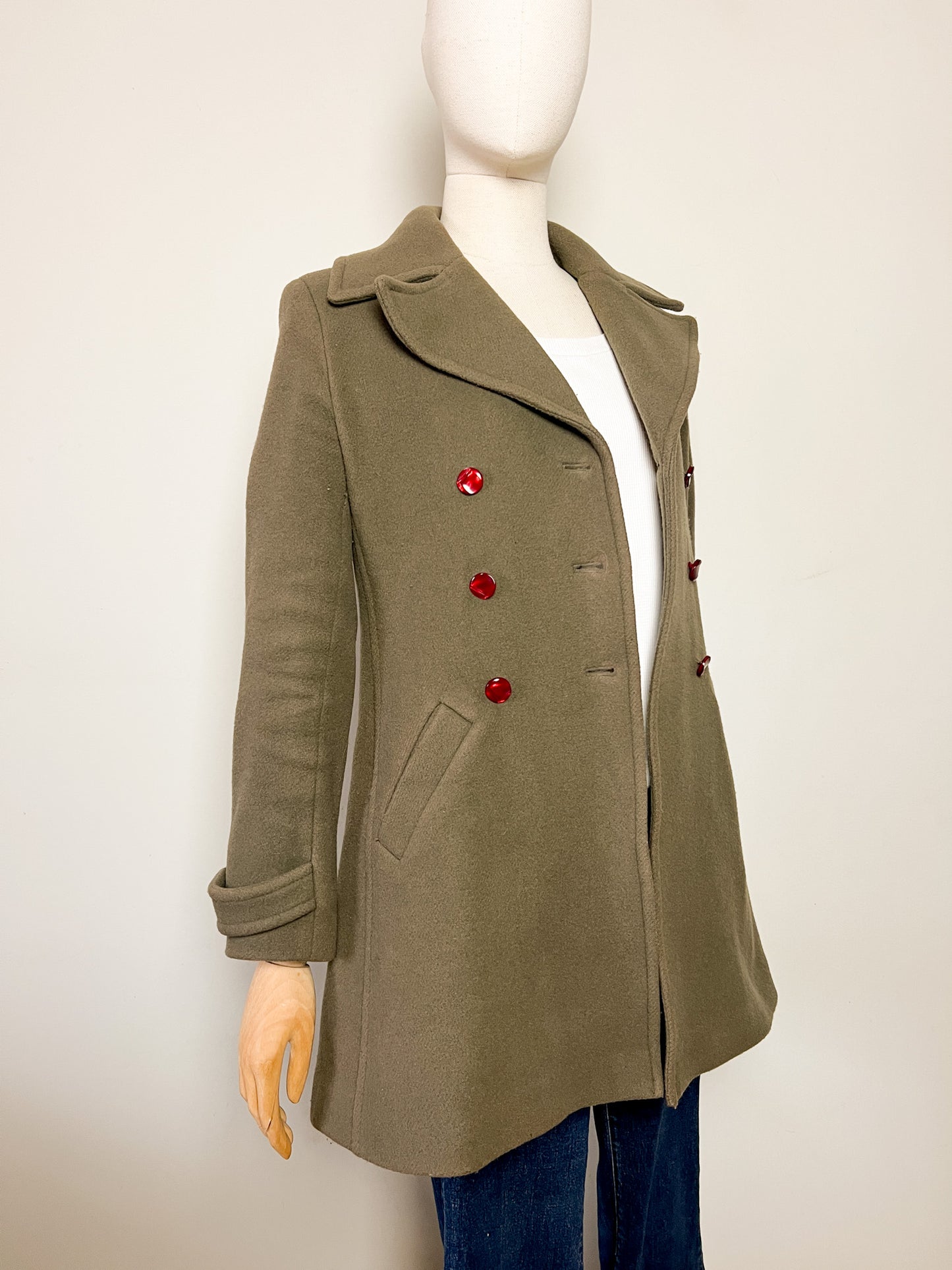 Manteau Kaki 80% Laine Pablo - Col Large Rétro - Coupe Cintrée T. 38