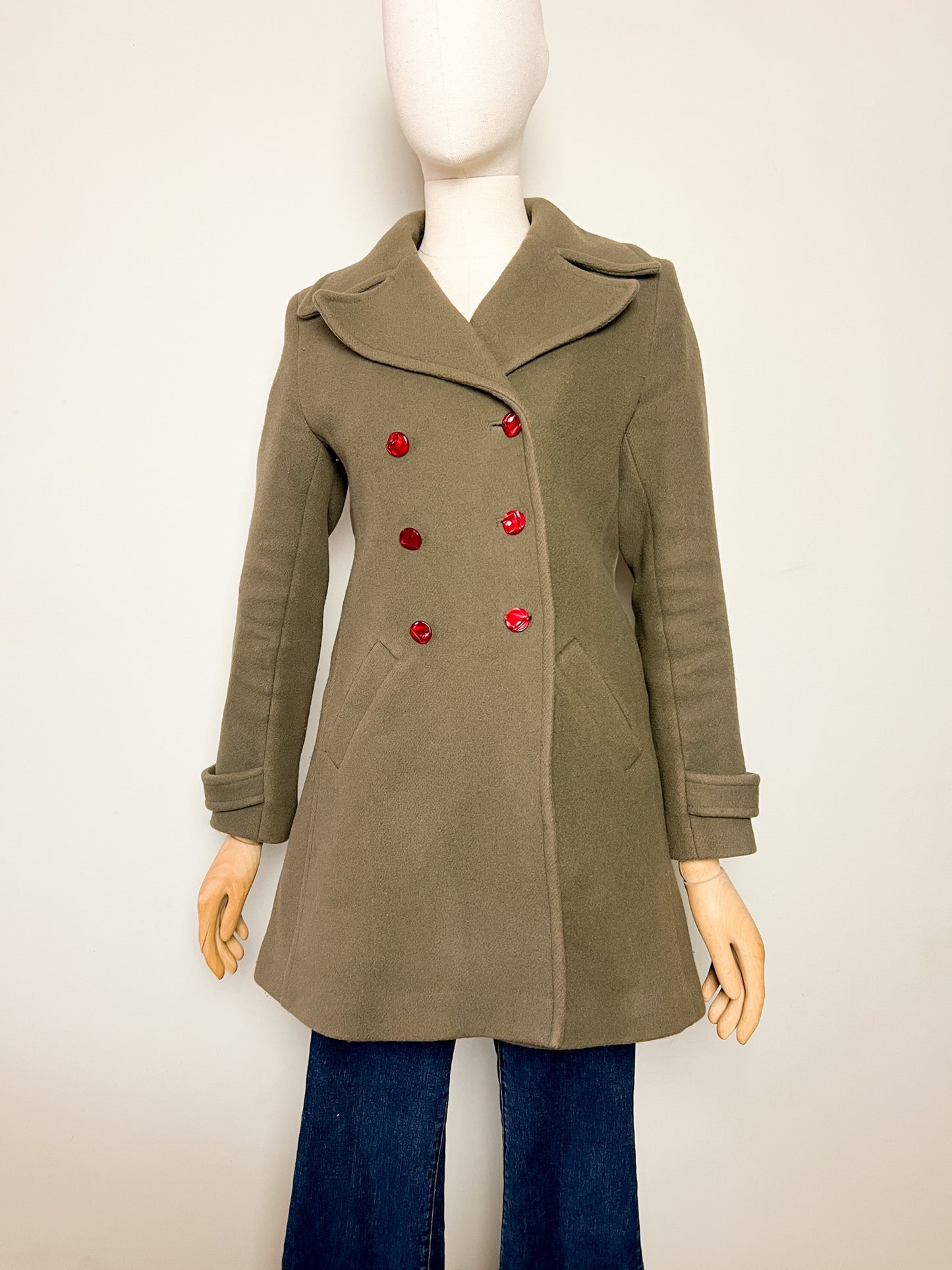 Manteau Kaki 80% Laine Pablo - Col Large Rétro - Coupe Cintrée T. 38