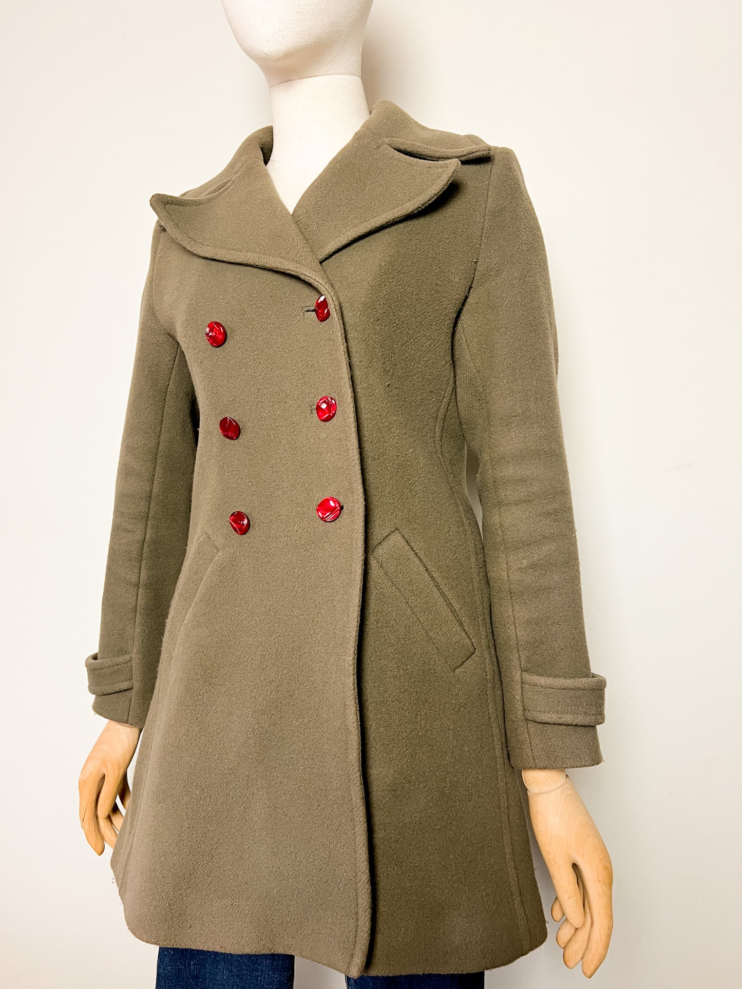 Manteau Kaki 80% Laine Pablo - Col Large Rétro - Coupe Cintrée T. 38