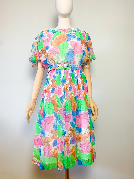Robe Midi Fleurie Chic Vintage 70s/80s - Manches Voile & Plis - T. 40