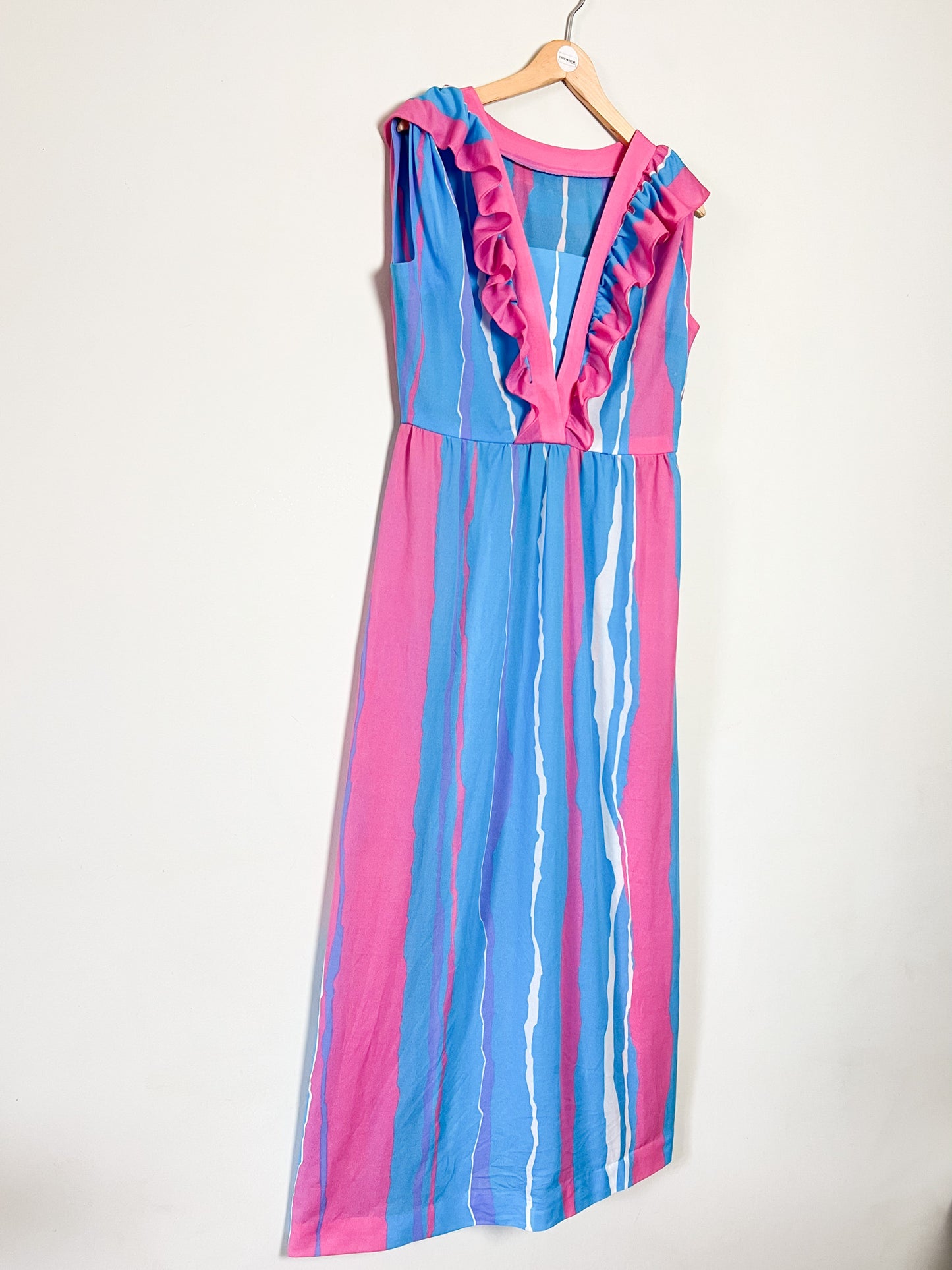 Maxi Robe Vintage Années 70 à Volants Bleue et Rose– Imprimé Abstrait – Taille 40/42 (L)