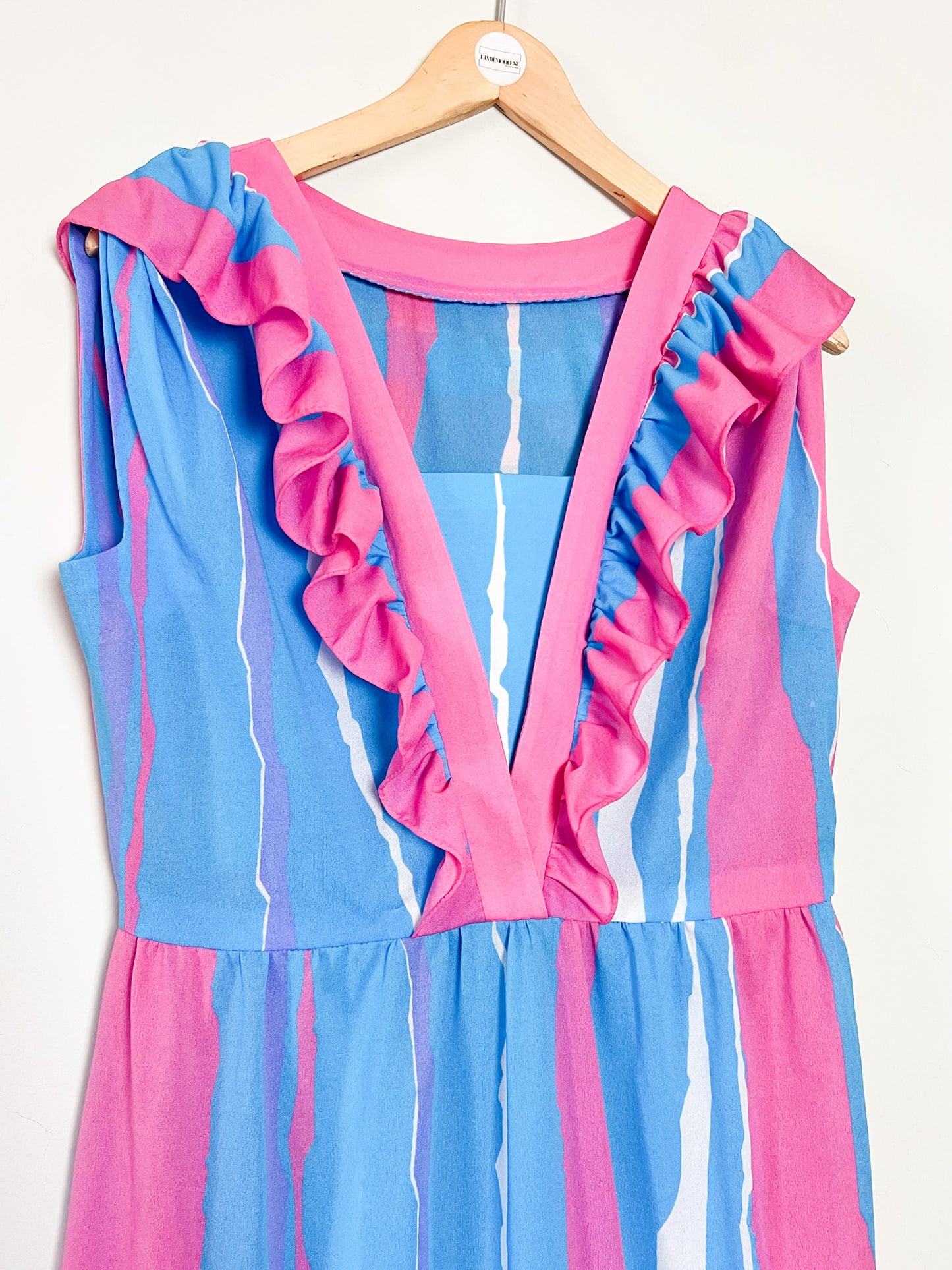 Maxi Robe Vintage Années 70 à Volants Bleue et Rose– Imprimé Abstrait – Taille 40/42 (L)