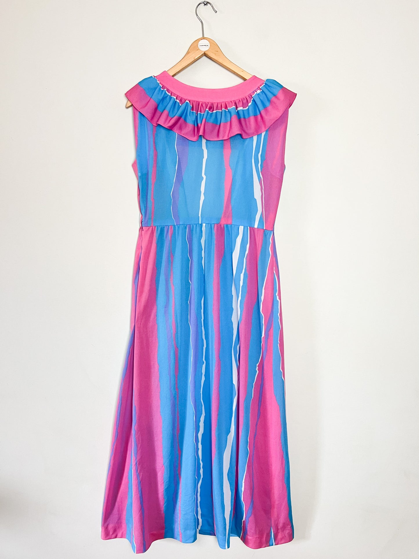 Maxi Robe Vintage Années 70 à Volants Bleue et Rose– Imprimé Abstrait – Taille 40/42 (L)