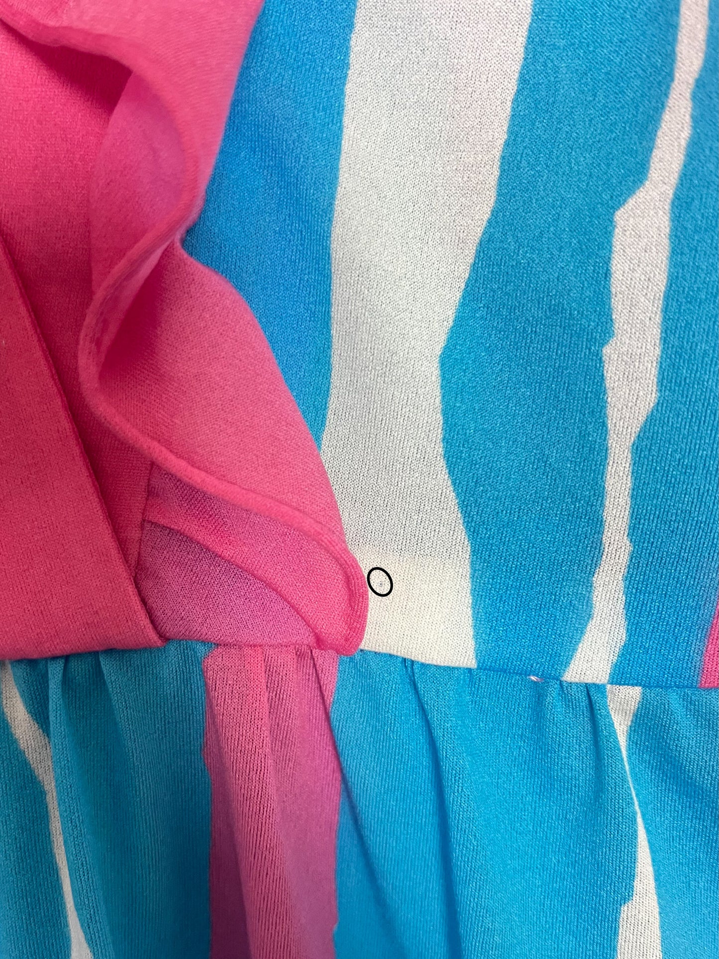 Maxi Robe Vintage Années 70 à Volants Bleue et Rose– Imprimé Abstrait – Taille 40/42 (L)