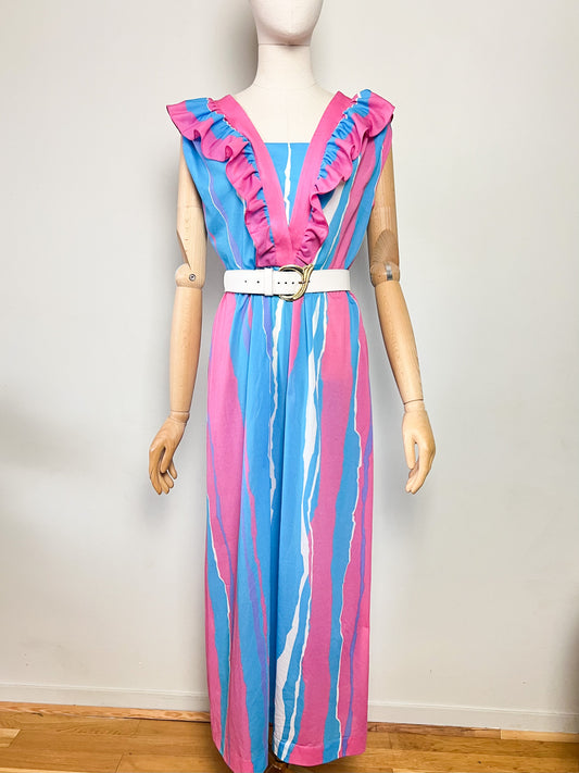 Maxi Robe Vintage Années 70 à Volants Bleue et Rose– Imprimé Abstrait – Taille 40/42 (L)