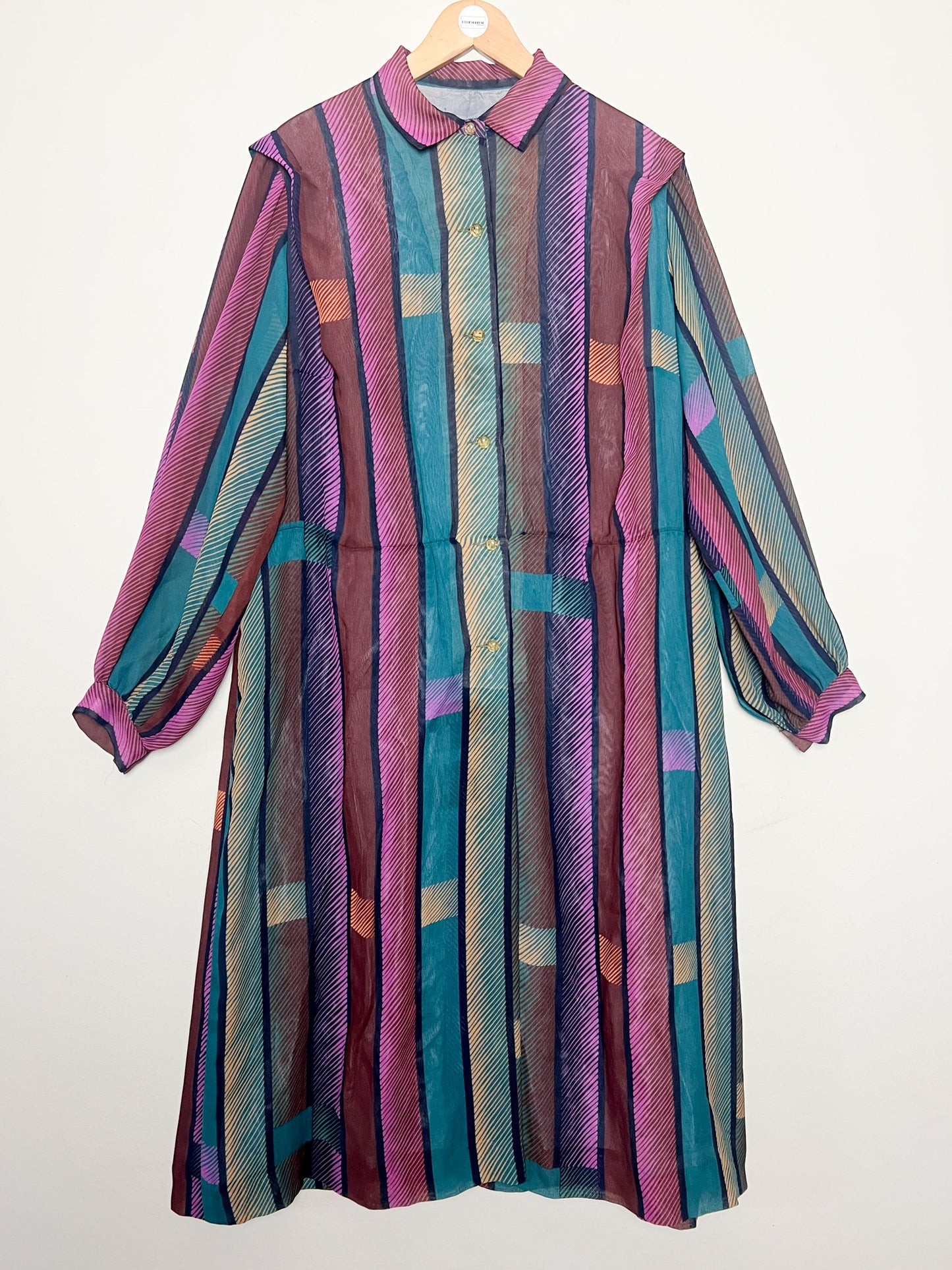 Robe Vintage Oversize Rayée - Col Chemise - T. 42/44 (XL) - Années 80