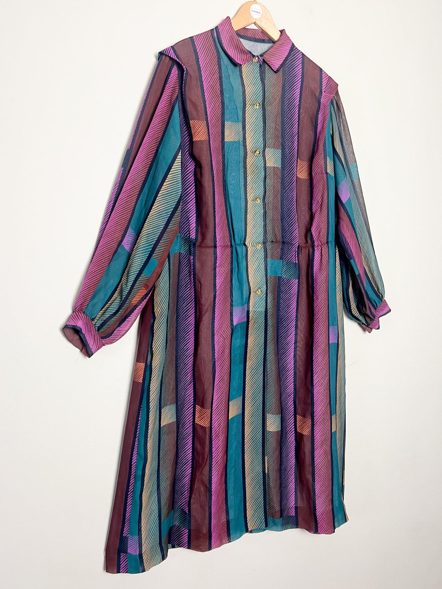 Robe Vintage Oversize Rayée - Col Chemise - T. 42/44 (XL) - Années 80