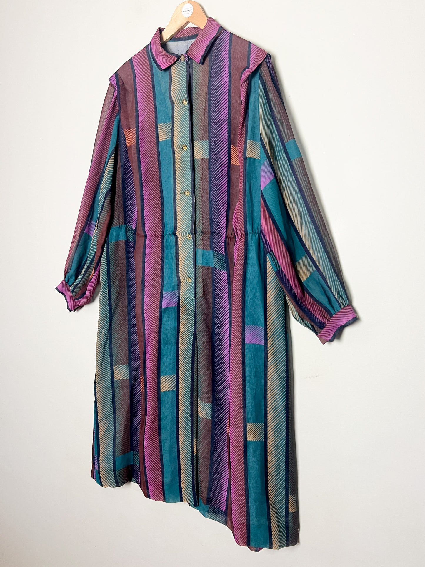 Robe Vintage Oversize Rayée - Col Chemise - T. 42/44 (XL) - Années 80