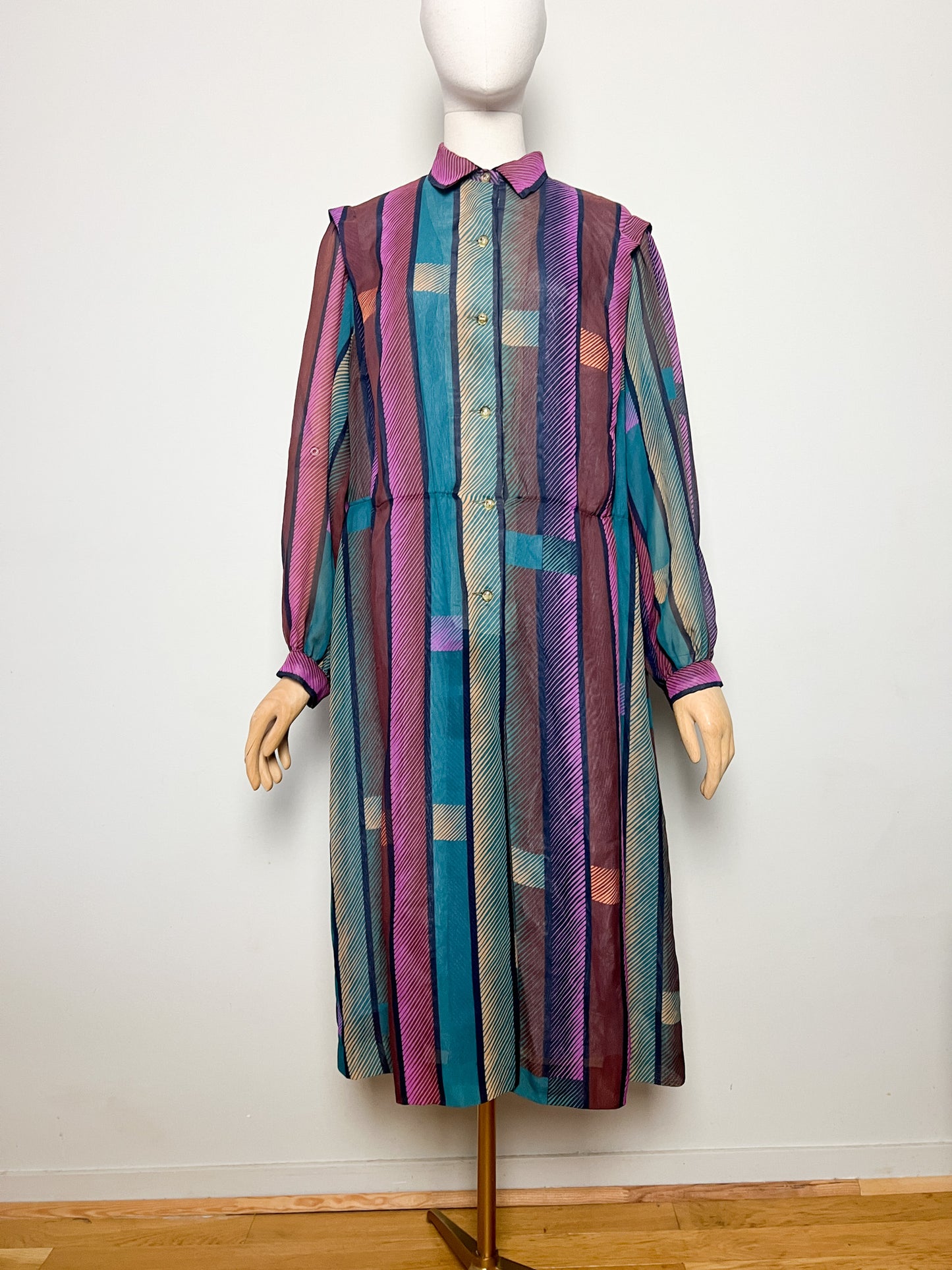 Robe Vintage Oversize Rayée - Col Chemise - T. 42/44 (XL) - Années 80