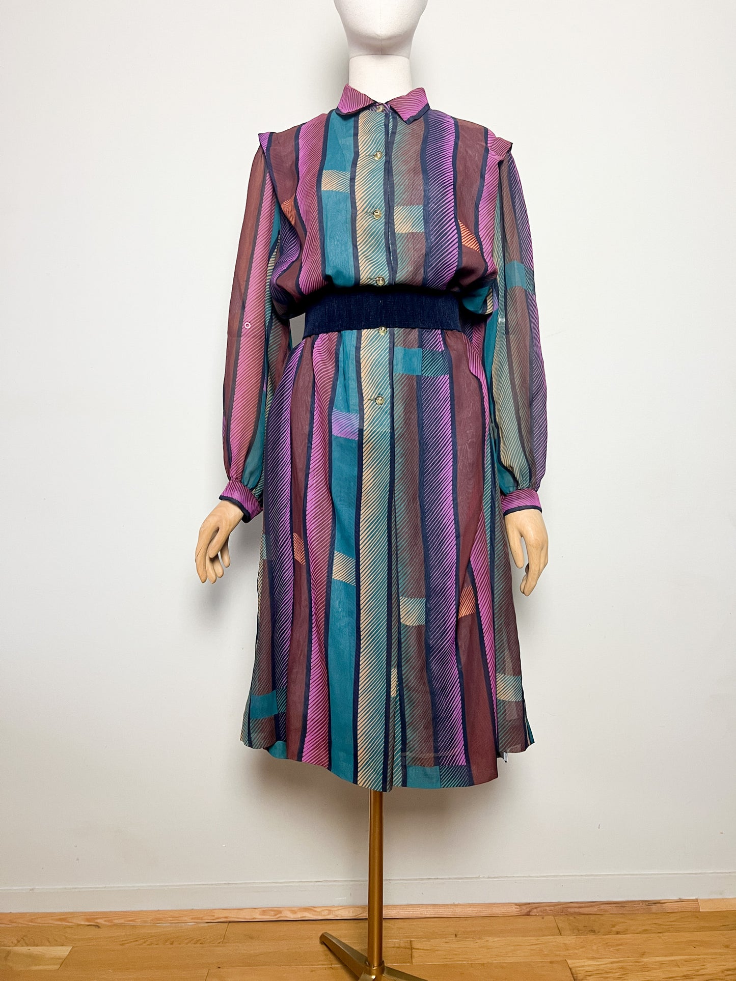 Robe Vintage Oversize Rayée - Col Chemise - T. 42/44 (XL) - Années 80