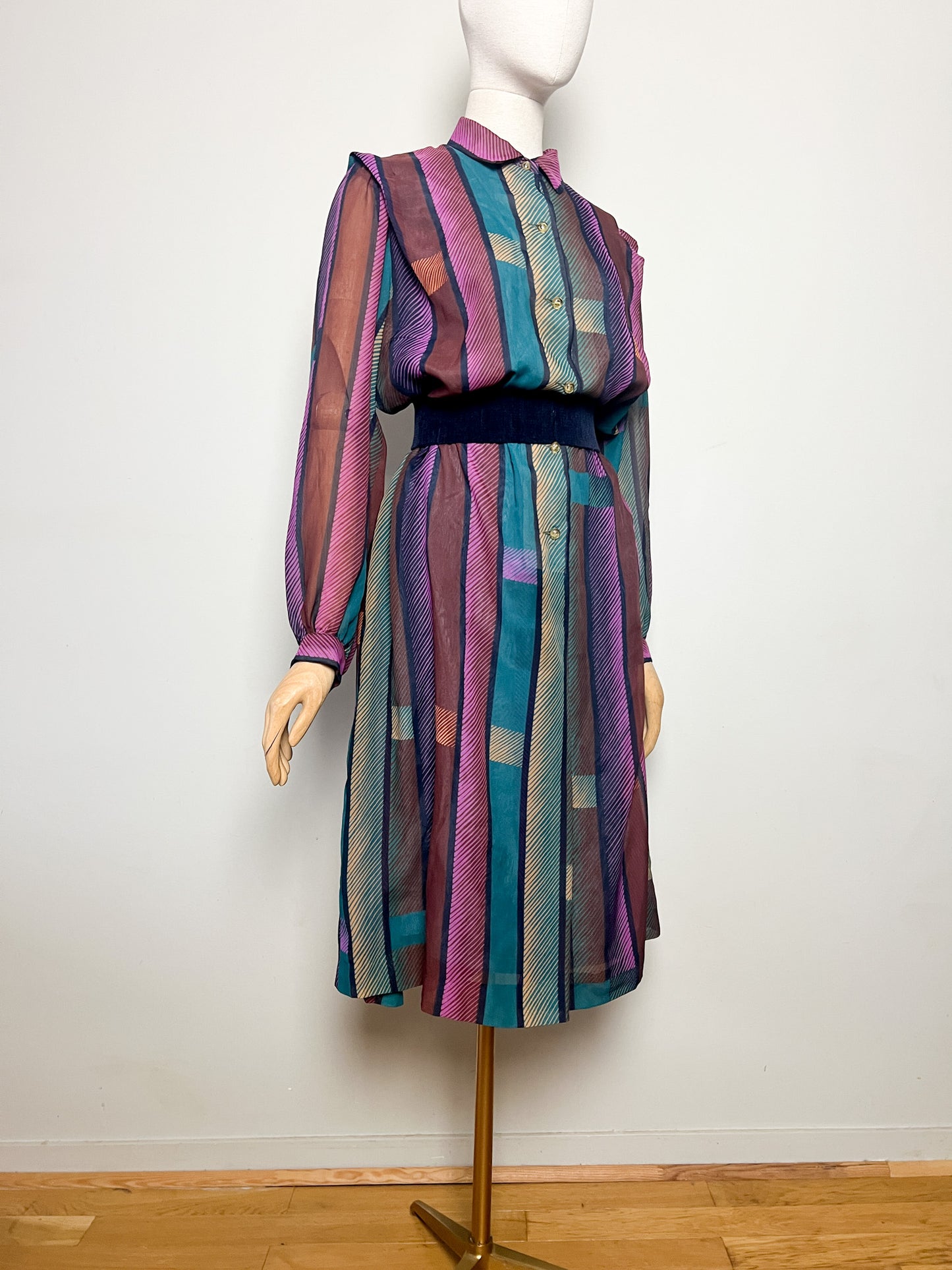 Robe Vintage Oversize Rayée - Col Chemise - T. 42/44 (XL) - Années 80
