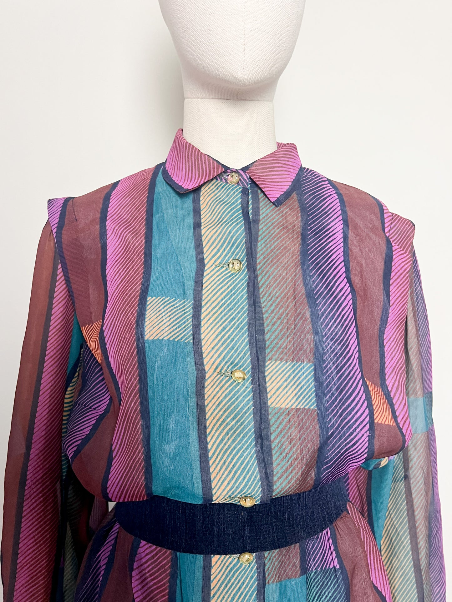 Robe Vintage Oversize Rayée - Col Chemise - T. 42/44 (XL) - Années 80