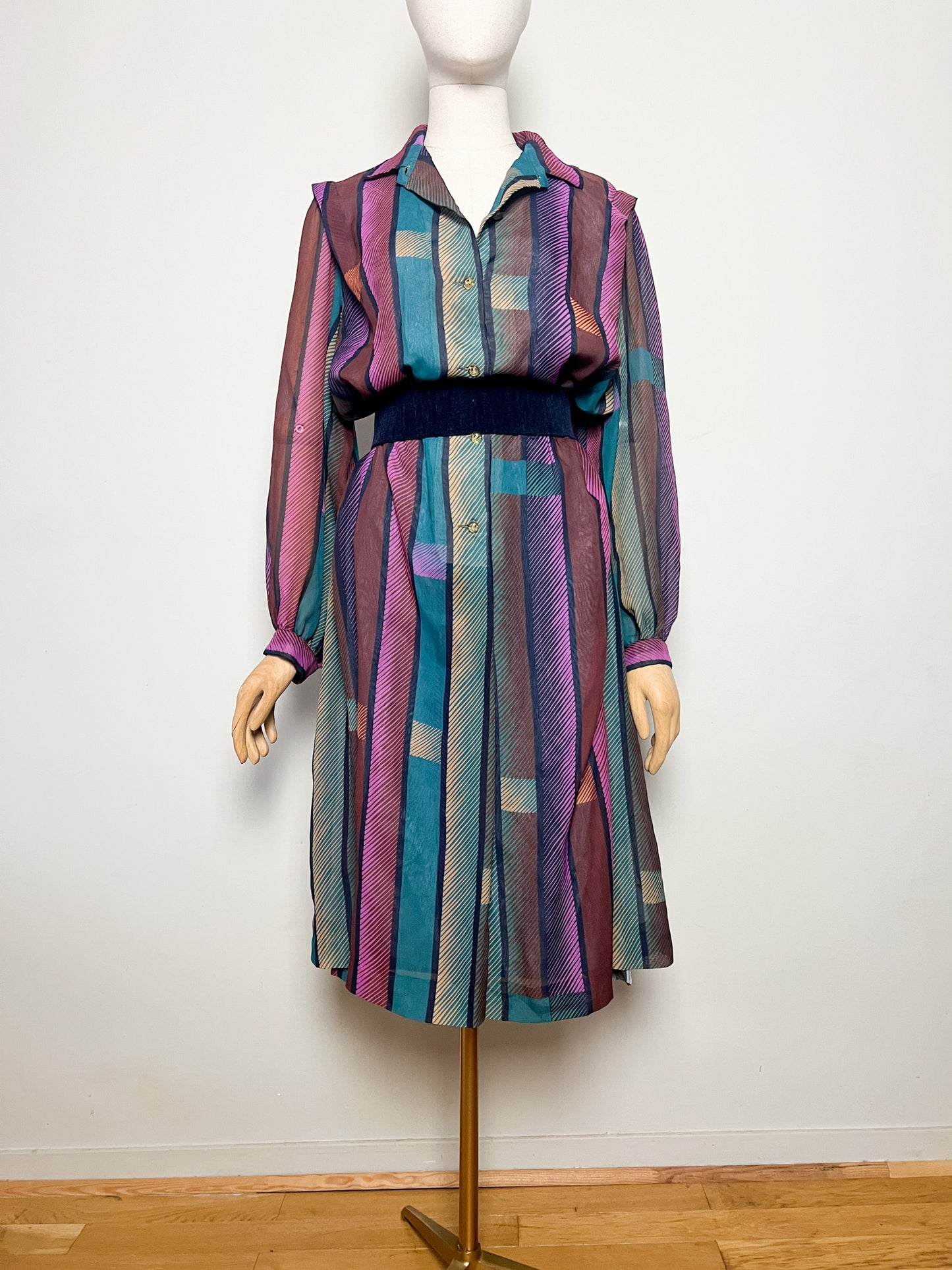 Robe Vintage Oversize Rayée - Col Chemise - T. 42/44 (XL) - Années 80