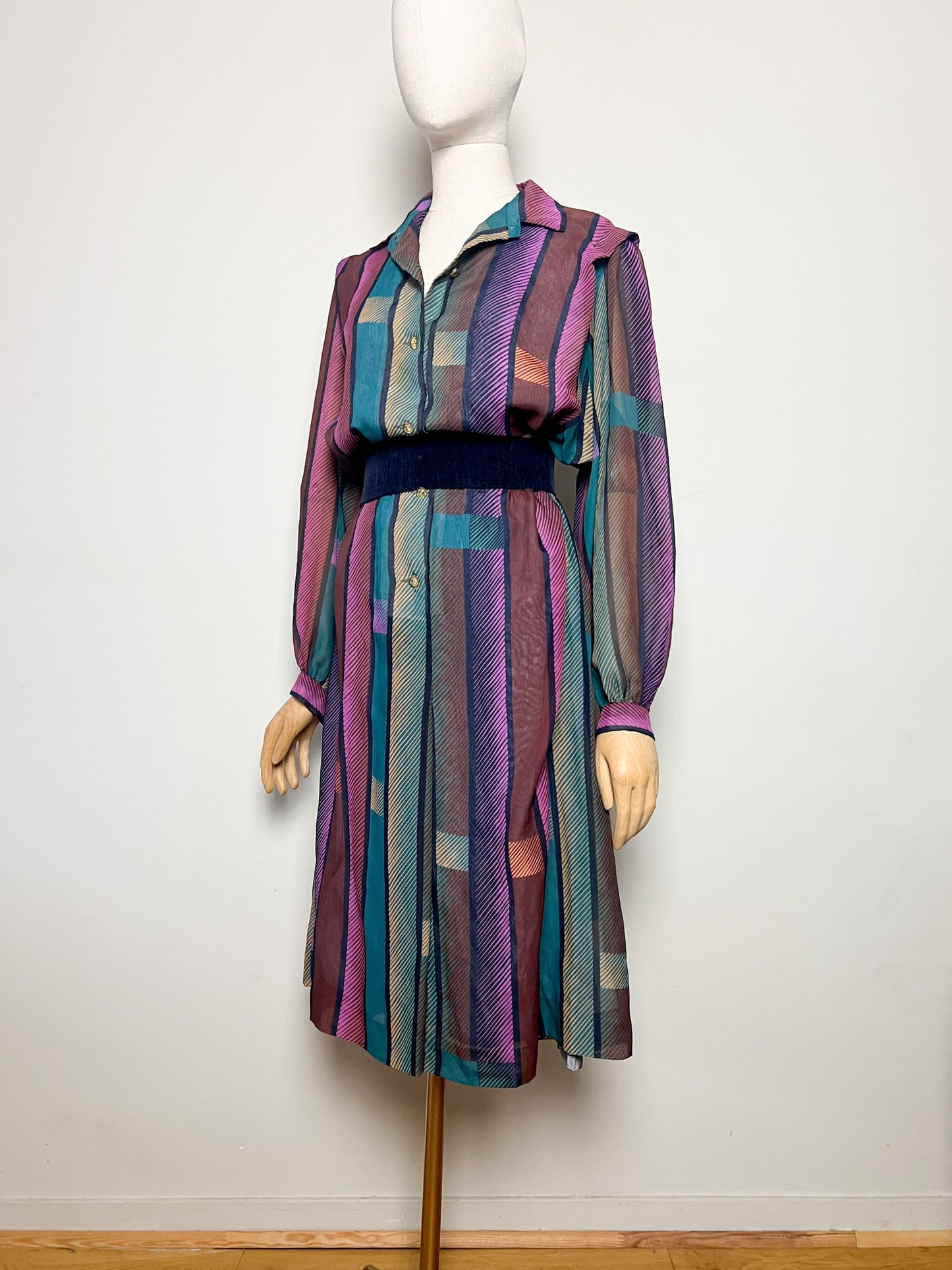 Robe Vintage Oversize Rayée - Col Chemise - T. 42/44 (XL) - Années 80