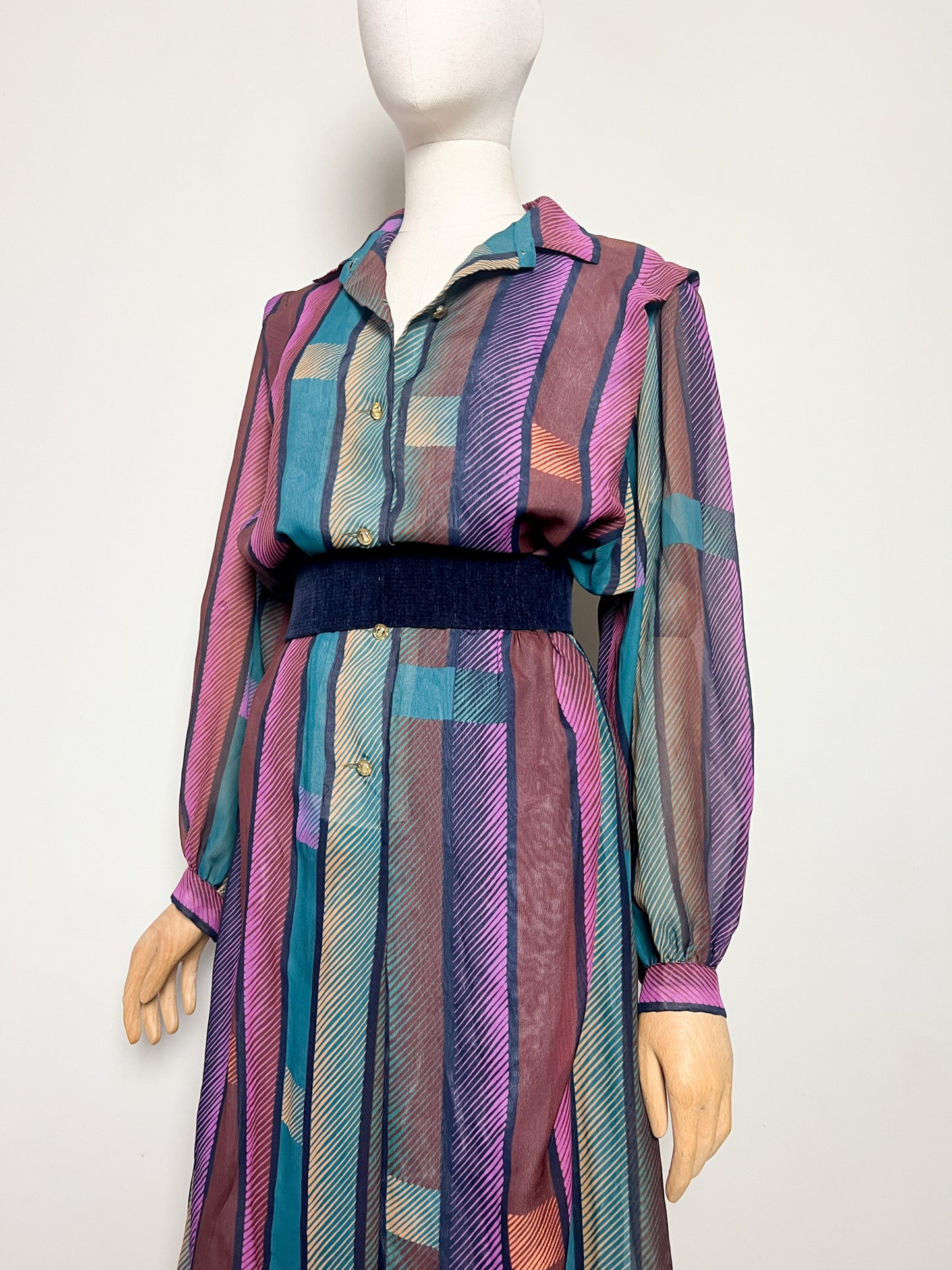Robe Vintage Oversize Rayée - Col Chemise - T. 42/44 (XL) - Années 80