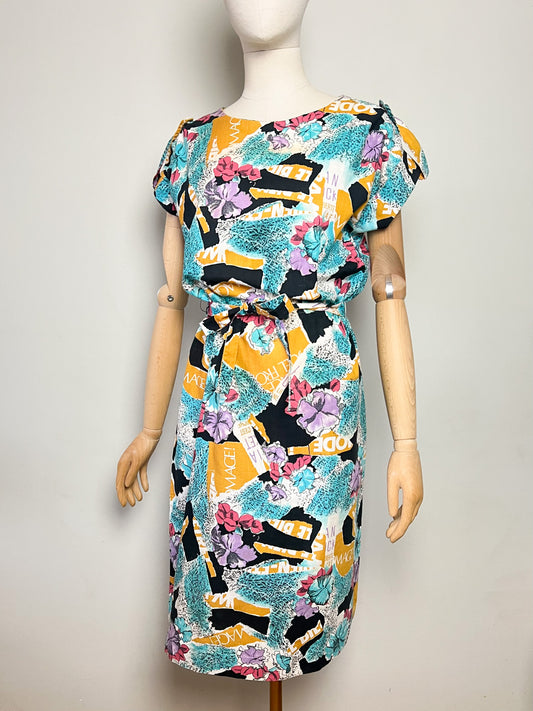 Robe Midi Vintage Années 80 90– Imprimé Fleuri Multicolore – 100% Coton – Cécile D'Orges – Taille 40/42