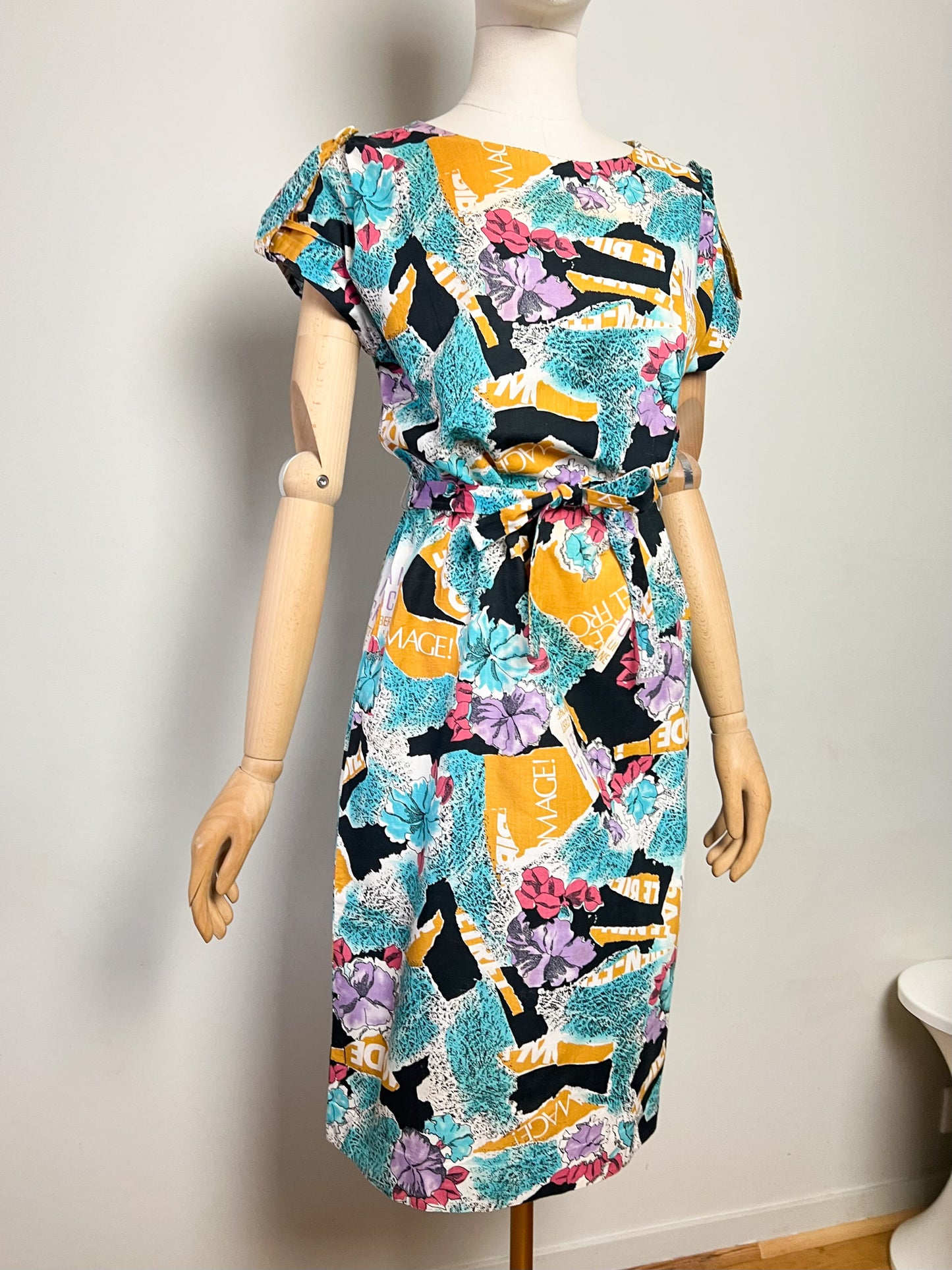 Robe Midi Vintage Années 80 90– Imprimé Fleuri Multicolore – 100% Coton – Cécile D'Orges – Taille 40/42