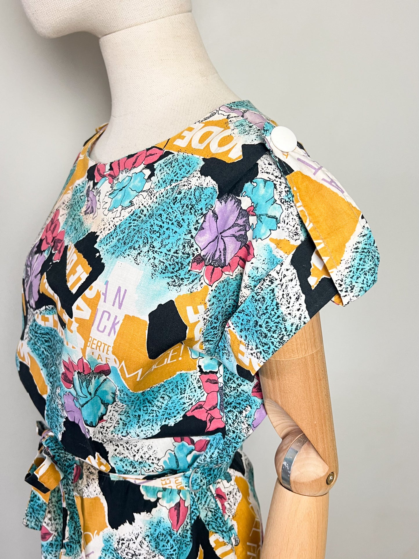 Robe Midi Vintage Années 80 90– Imprimé Fleuri Multicolore – 100% Coton – Cécile D'Orges – Taille 40/42