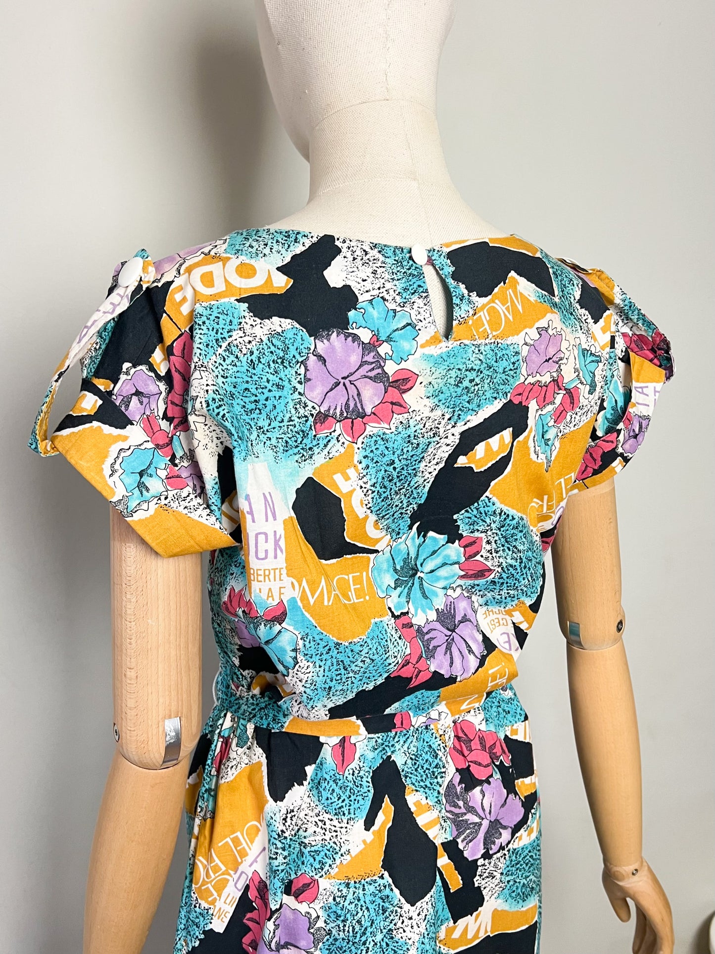 Robe Midi Vintage Années 80 90– Imprimé Fleuri Multicolore – 100% Coton – Cécile D'Orges – Taille 40/42