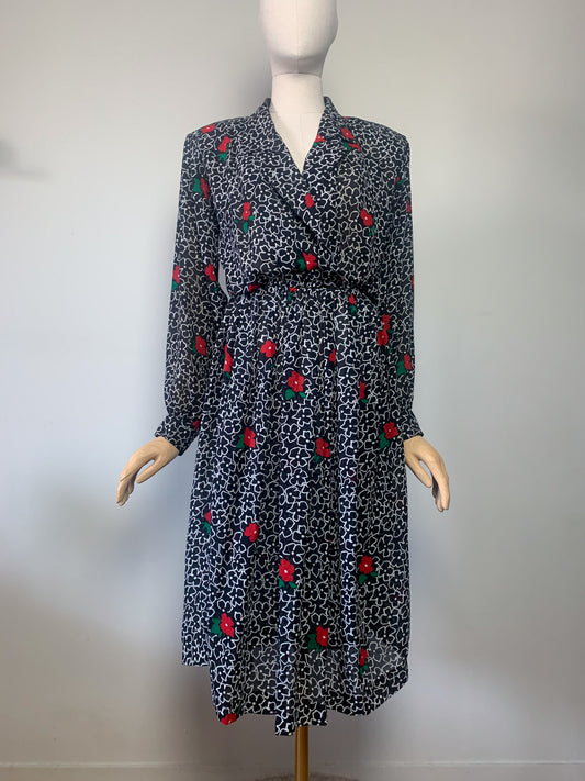 Robe Vintage LESLIE FAY - Imprimé Floral Noir, Rouge & Vert - Épaules Structurées - Années 80 - T. 40/42 FR (L)