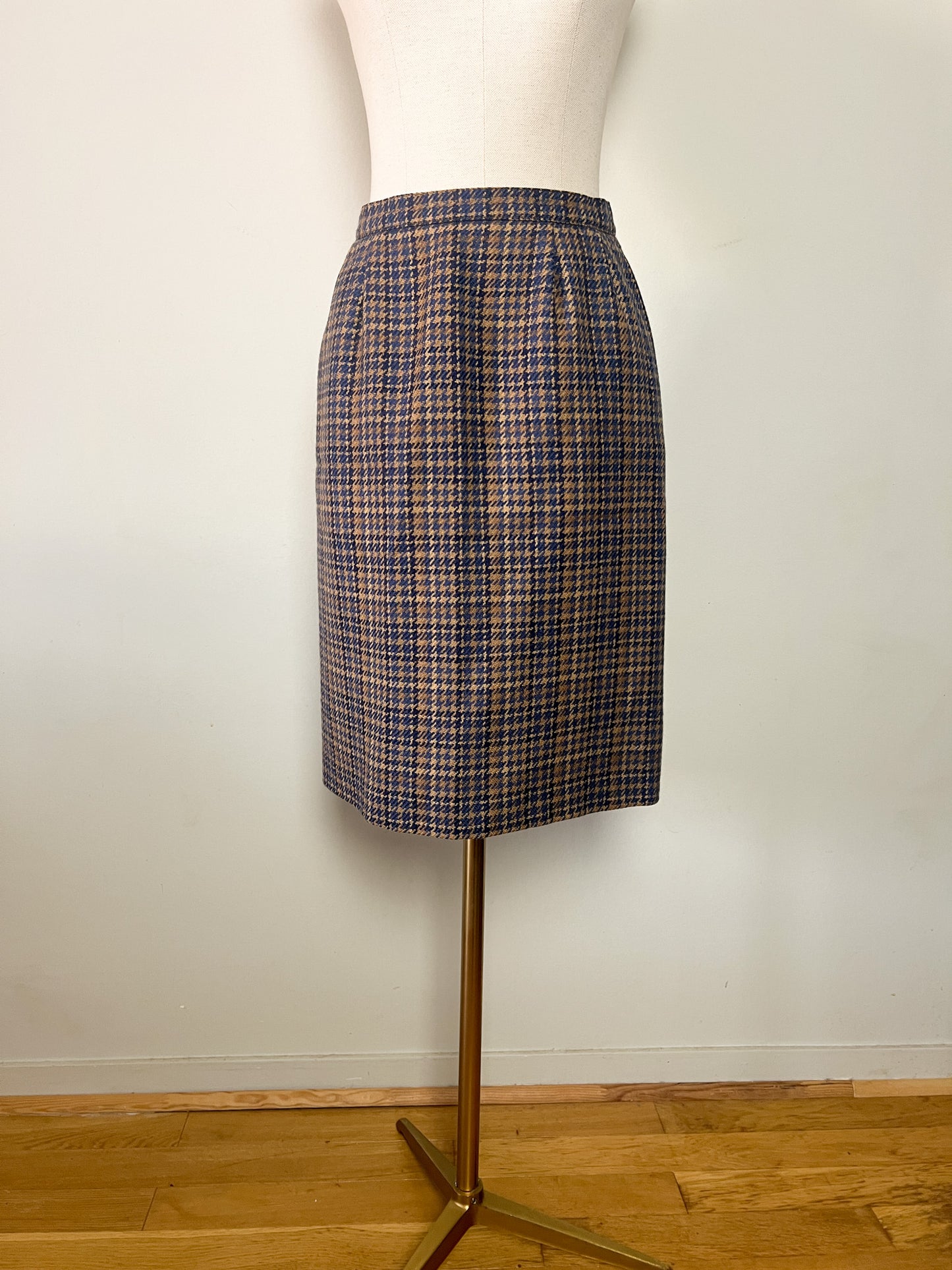 Jupe Vintage 100% Laine Pied-de-poule - Bleu & Marron - T. 40