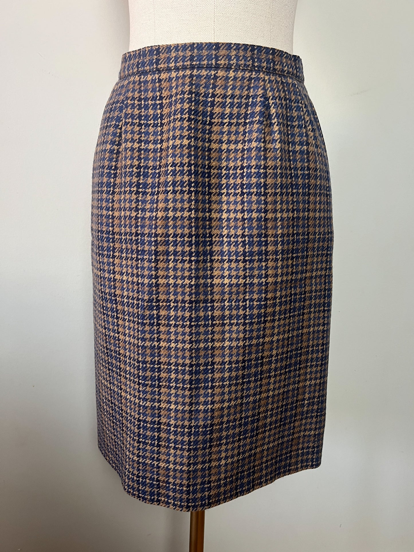 Jupe Vintage 100% Laine Pied-de-poule - Bleu & Marron - T. 40