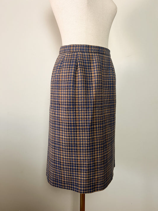 Jupe Vintage 100% Laine Pied-de-poule - Bleu & Marron - T. 40