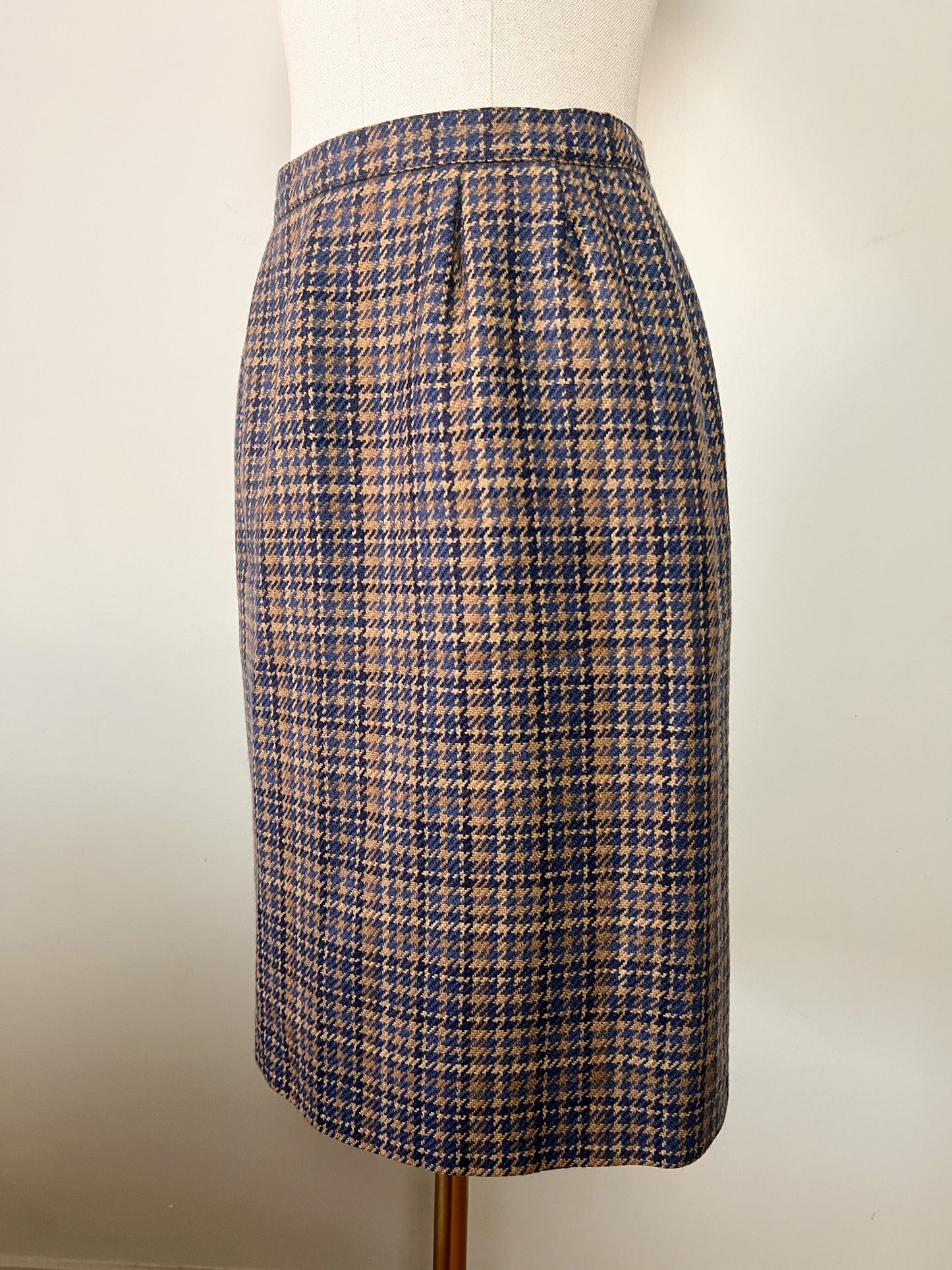 Jupe Vintage 100% Laine Pied-de-poule - Bleu & Marron - T. 40