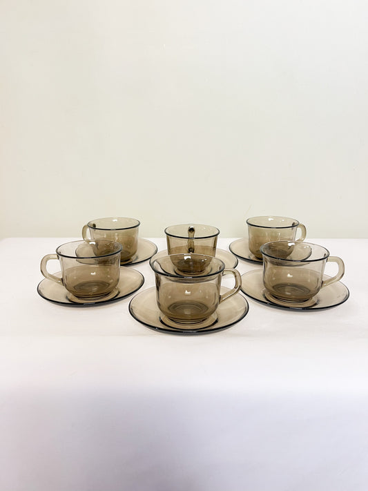 Service à Café Arcoroc Vintage Années 70/80  – 12 Pièces Verre Fumé Noir