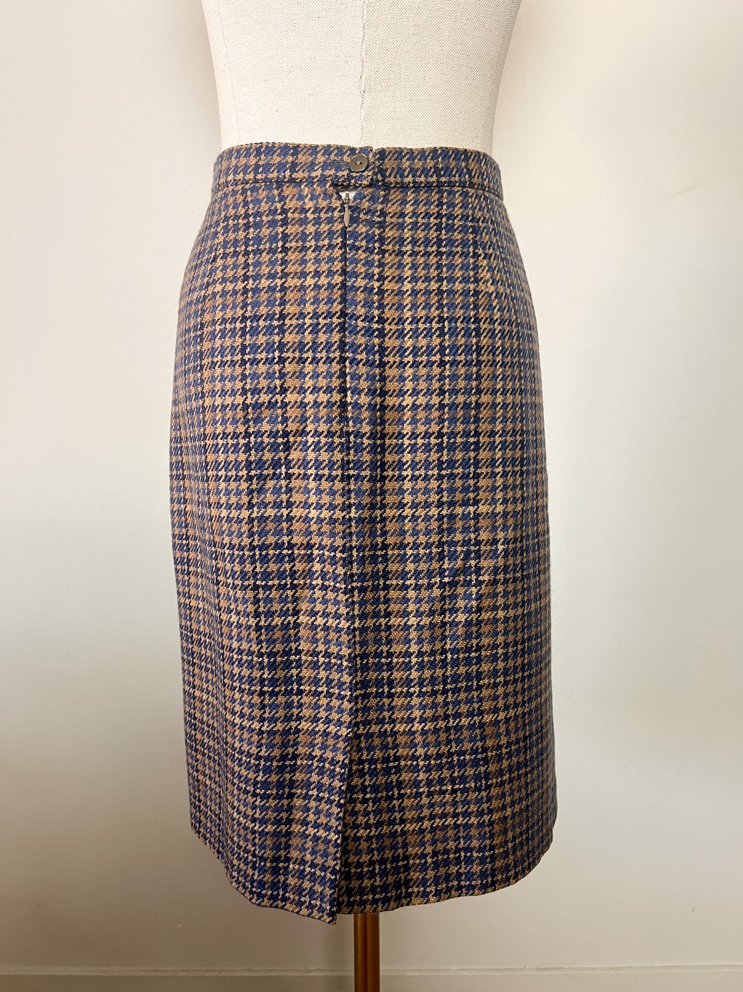 Jupe Vintage 100% Laine Pied-de-poule - Bleu & Marron - T. 40