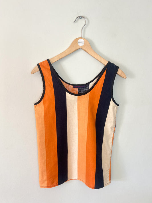 Blouse Sans Manche Vintage Années 70/80 – Bandes Colorées Noir & Orange – Jean Chancel Made in France – Taille 32/34