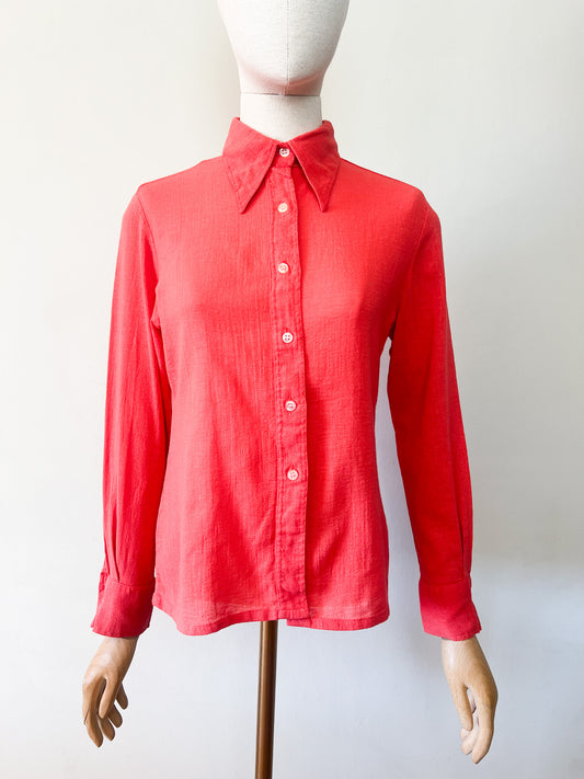 Chemise Vintage Années 70 Rouge Orangé – 100% Coton – Jane Villepreux T 36/38