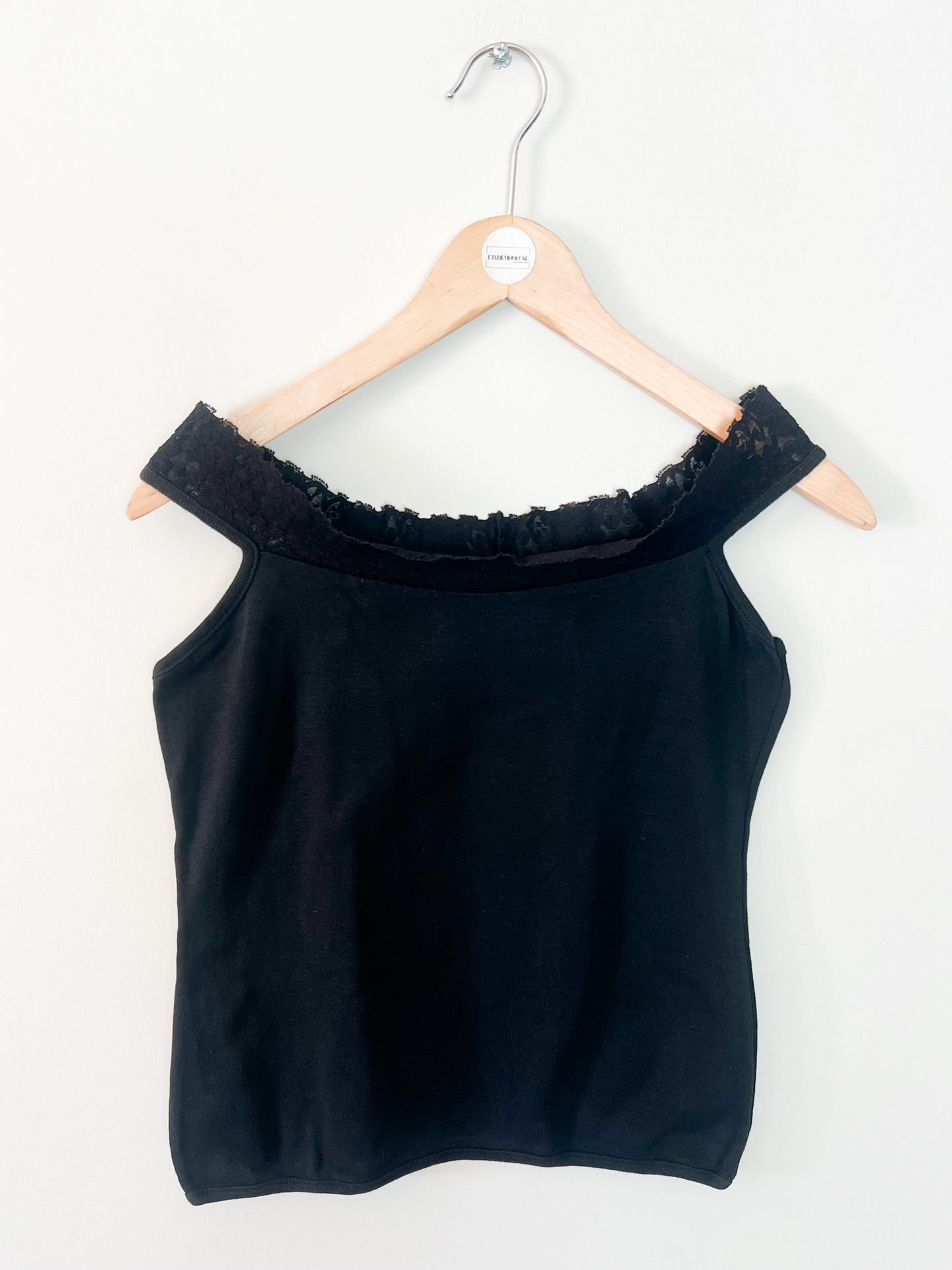 Top Vintage Années 90 Noir Épaules Dénudées & Dentelle – 100% Coton – Taille 34/36
