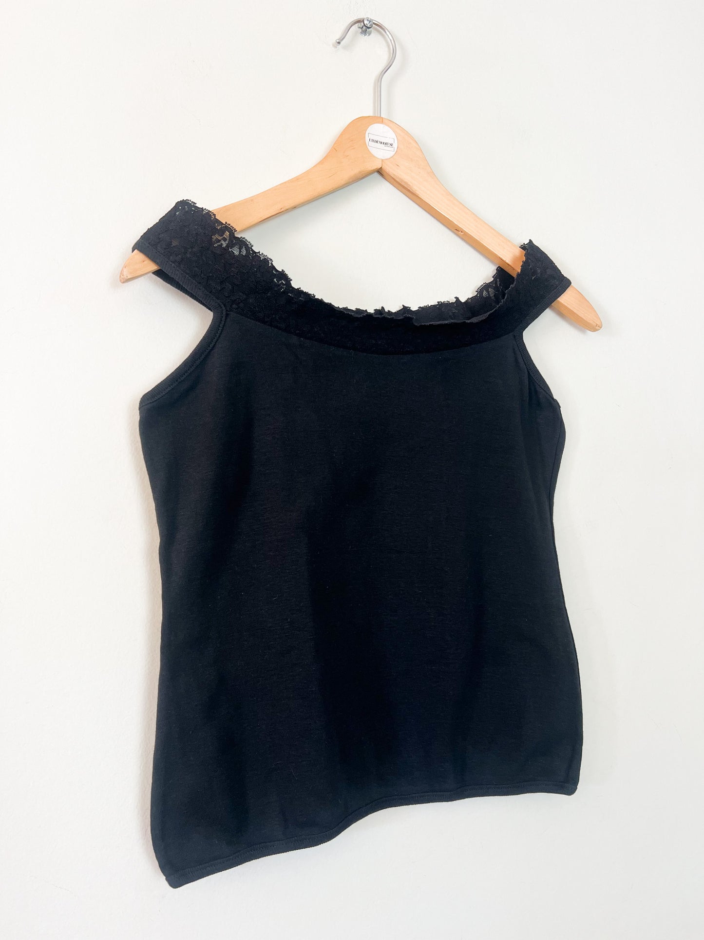 Top Vintage Années 90 Noir Épaules Dénudées & Dentelle – 100% Coton – Taille 34/36