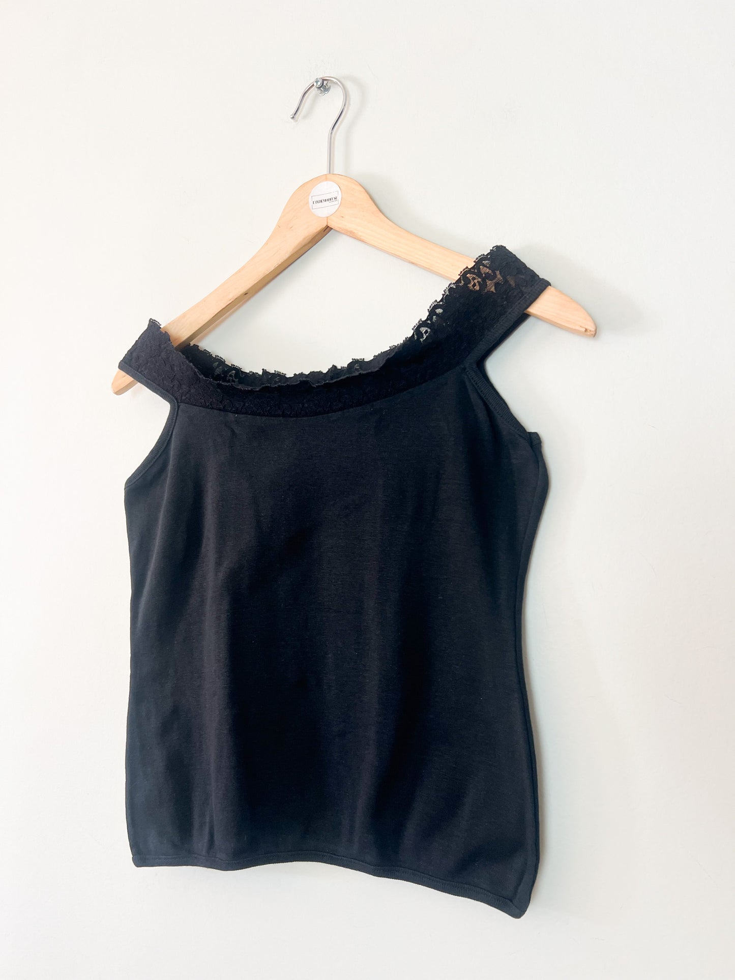 Top Vintage Années 90 Noir Épaules Dénudées & Dentelle – 100% Coton – Taille 34/36
