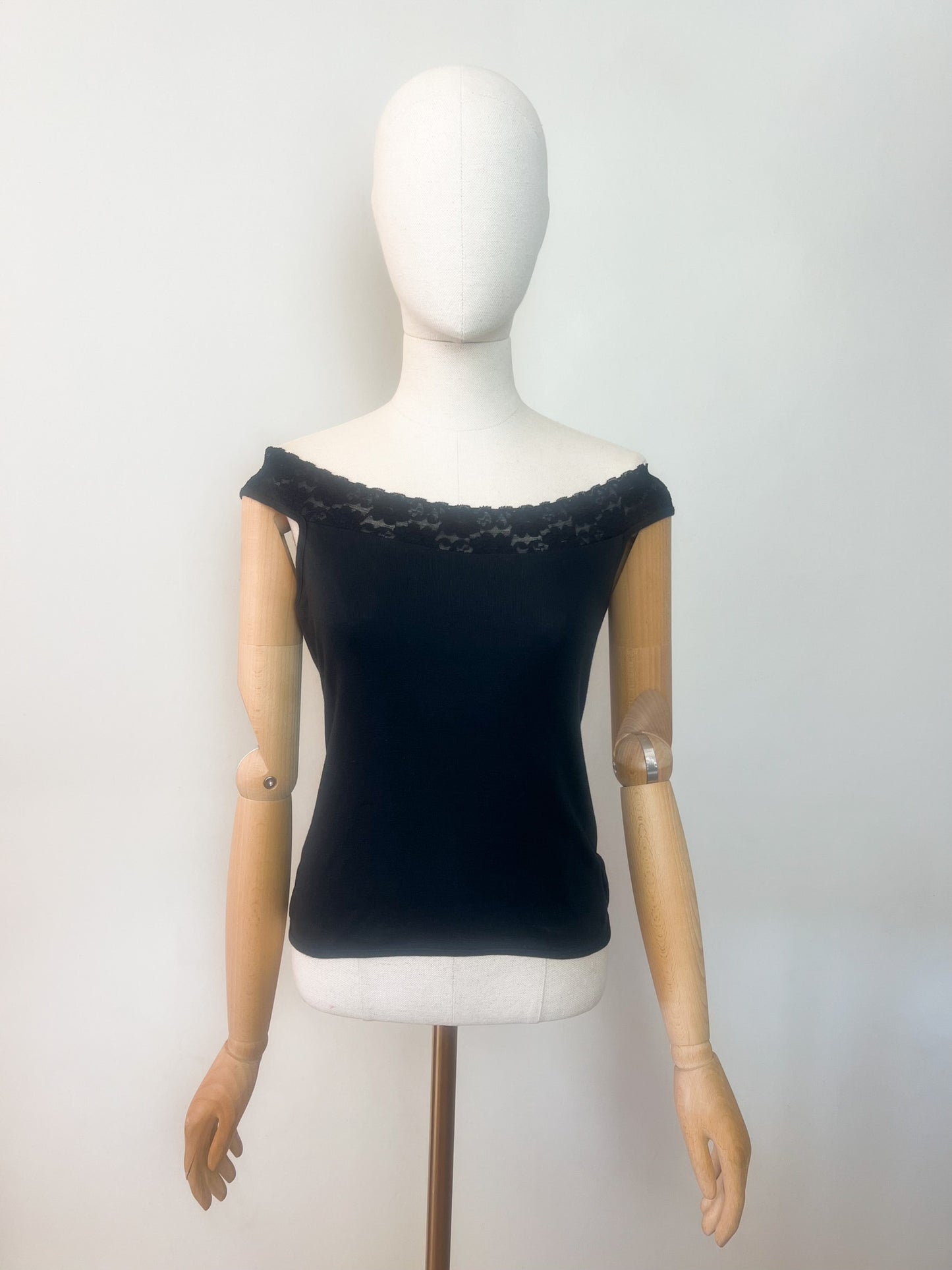 Top Vintage Années 90 Noir Épaules Dénudées & Dentelle – 100% Coton – Taille 34/36